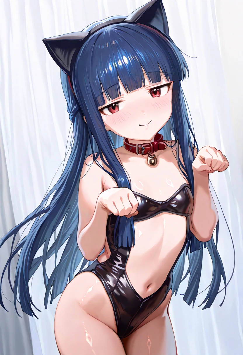 Hands behind back,Tied with hands behind back,lick,open mouth,tongue out,cum on tongue,1girl,(((((12-year-old girl))))),(((((Short,))))),slender,small breasts ,front face,from front,front view,looking at viewer, looking ahead,from above,cowboy shot,Black Hair,Long Hair,two side up,Gray Eyes,Drooping eyes,slit pupils,narrow eyes.Mischievous smile,A see-through black and light blue negligee,lingerie,Kneeling,Straight Stand,Collar with leash,Dimly lit room,On the bed,Simple Background,Gray background,Dim lighting,Beautiful and detailed anime art
