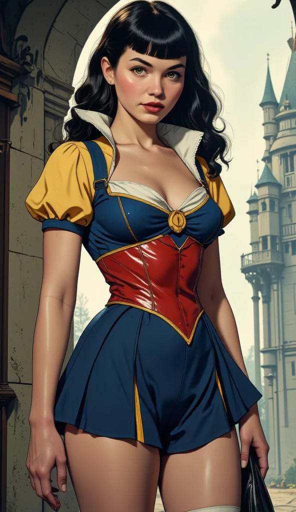 Best quality,fashion woman,dark blue hair hair,yellow látex micro dress,cleavage,yellow sheer tights