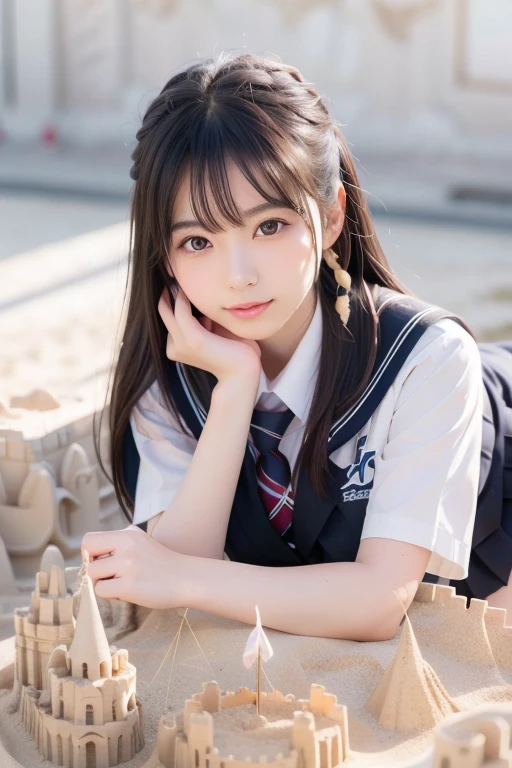 (highest quality,masterpiece:1.3,ultra high resolution),(Super detailed,caustics,8k),(photorealistic:1.4,RAW shooting),1 girl,sitting,(smile),stare at the camera,18-year-old,cute,Japanese,Black Hair Middle Hair,(sailor suit),glamorous,(big boobs),( close up),darkness,night sky,Illuminated night cherry blossoms,professional writing,(shot from the waist up),(Tilt composition:1.2),(low position:1.2),(Low - Angle:1.2)