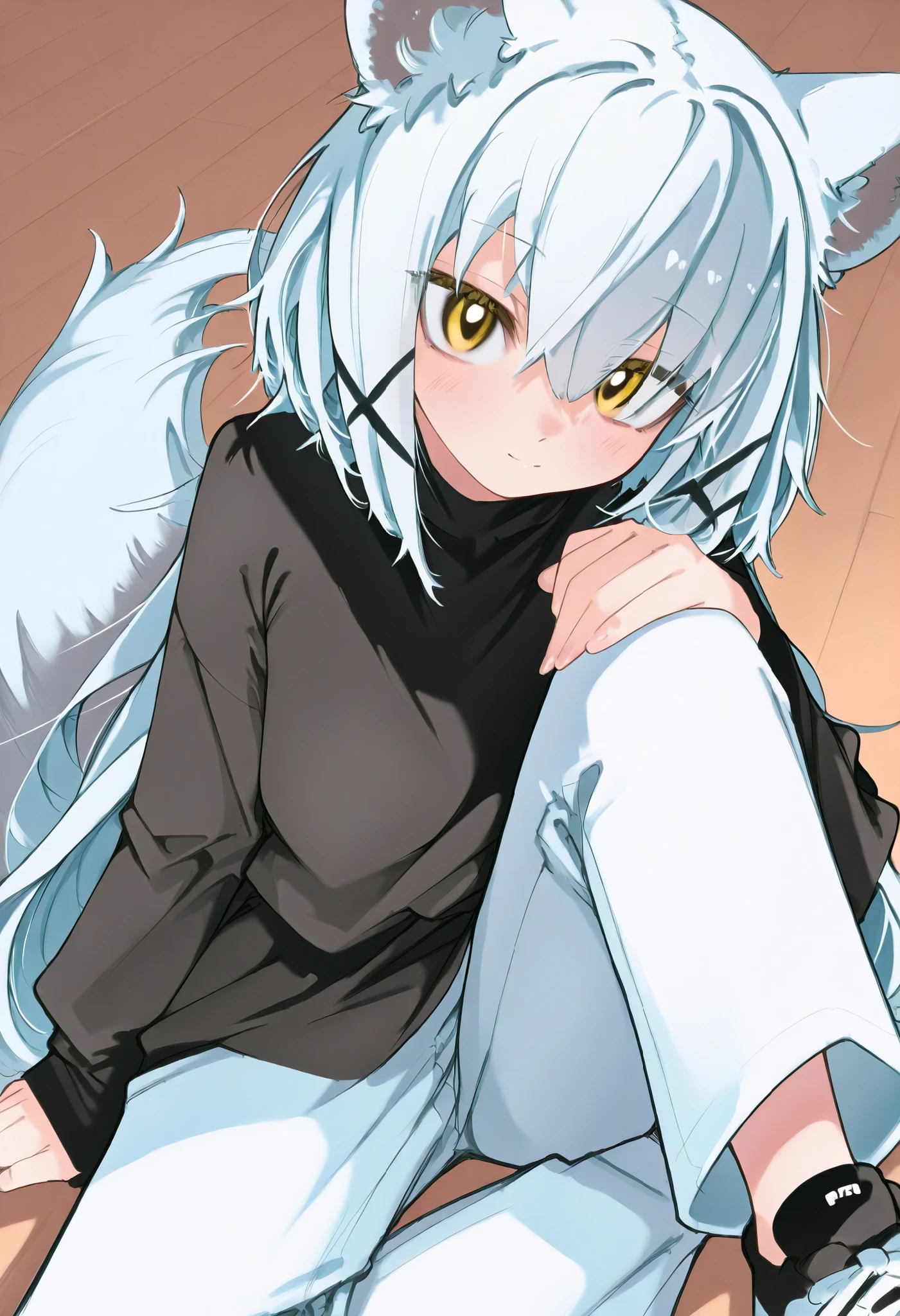 personagem. My name is Kael Lumino. She's 17 years old and I'm a boy. He has white hair and some black spots and my hair covers one of my eyes and no one can see him. My eyes are golden and shiny, my size is 1,63, sou fofo e lindo. My dress is a black jersey that doesn't cover my shoulders with long sleeves and plain white pants that go a little over my knee and my sneakers and white with a little bit of black. And I have black-and-white wolf dark circles and a black-and-white wolf tail. *Corpo de homem* Senário Mundo de Isekai*