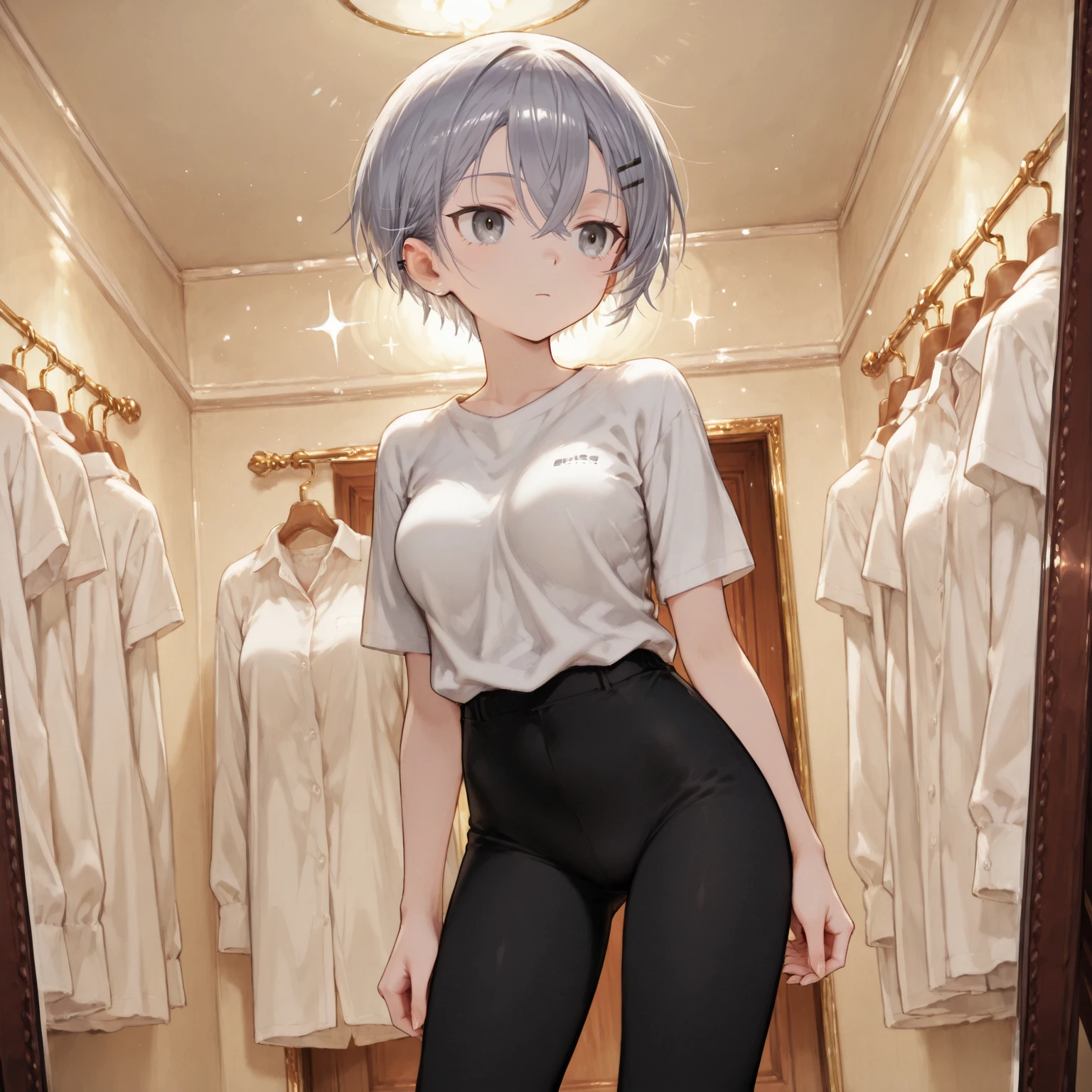 (masterpiece, best quality)),((highres:1.2)), 1 Girl, solo, Blurred Background, (((Small breasts))), Thighs, (Groin), gray stripe underwear, (long T-Shirts:1.3), (pixie cut:1.3), [[navel]], cheek, Excited pose