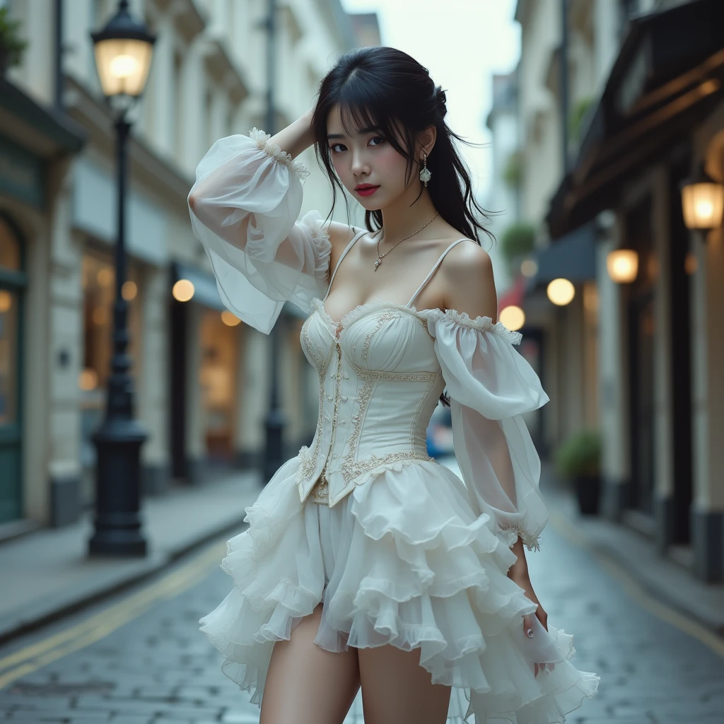((Girl standing in front of the castle wall))、Fluorescent color、One Girl、Looking to the side、Beautiful Face、Beautiful Eyes、（From the shoulder down：1. 2）、Upper Body、Shiny Hair、Glowing Skin、Reduce glare、Adjust finger proportions、eyebrow、Butt、Dynamic Angle、（（Master part））、（（Highest quality））、（(Ultra Details)）、（An illustration）、（Detailed light）、（Very delicate and beautiful）、Dramatic Shadows、Ray tracing、reflection、Ultra-high resolution、（（Master part））、（（Highest quality））、（（Ultra HD））。 Ultra-high resolution、((Colorful and black hair mesh girl))、Her hair flutters in the wind、(Big deep blue eyes)、Black-haired woman、Sparkling Butterfly、black-。 Black Haired Woman、Spots of light around the woman、Magical Aura、Green dot、About Aura Natural、超魔法的オーラBlack Haired Woman、 ((Translucent pink open shoulder dress： 1. 3)、(Sleeveless)、((The skirt is soaring in the wind))、((An old European castle is hazy in the distance))、(White panties are visible)