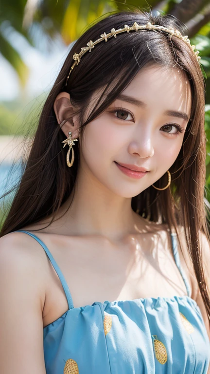 Beautiful Young Woman of the Year、 Korean women、Light brown hair、Necklace around the neck、Woman in swimsuit、、smile, Beautiful teeth alignment、Intricate details, Very detailed:1.2), 、 Looking into the camera,background is indoor pool、ear piercing