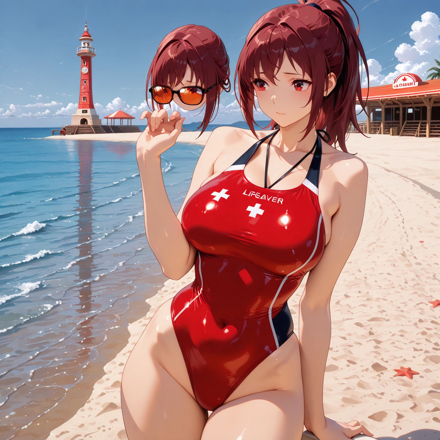 nicenature、Close-up of the butt looking up from below、Get wet all over 1.5.Realistic、squat butt emphasis、13 year old girl、wearing a red swimsuit，smile，cleavage emphasis，face reality，lips are a little red，cheeks are a little red，Sexy，pool