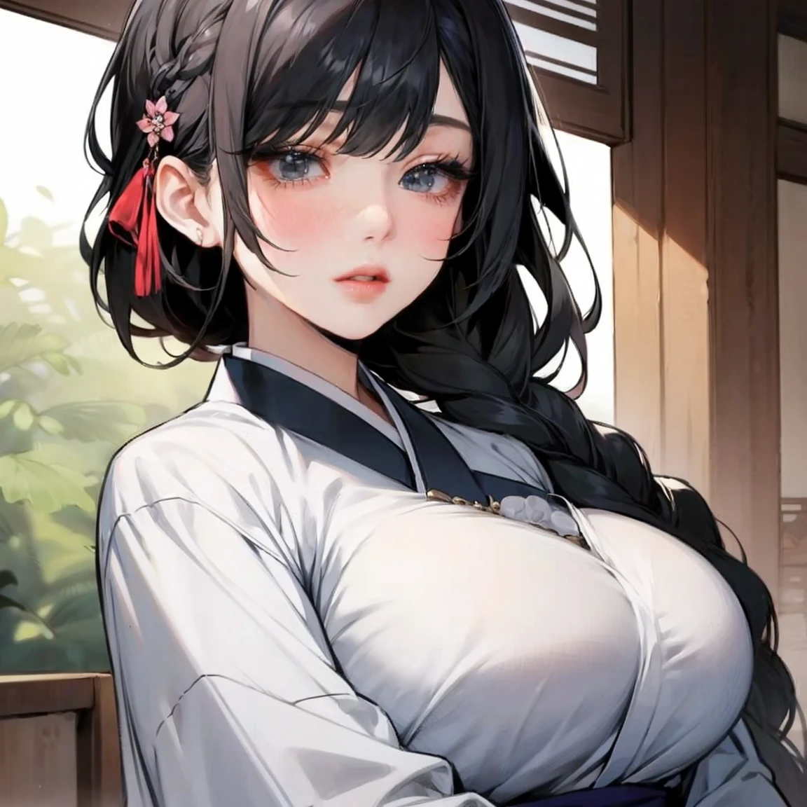 eye makeup , cute girl , detailed eyes , tied hairstyle , white background , face , huge breasts , bright smile , kimono