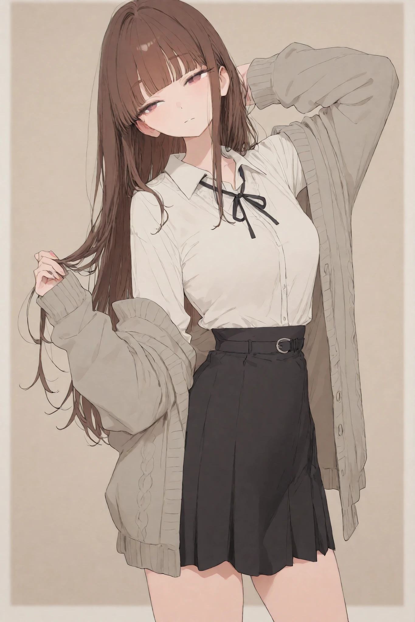 I'm wearing a loose cardigan and a long black skirt。An adult-like atmosphere and a gentle atmosphere。long hair。brown hair