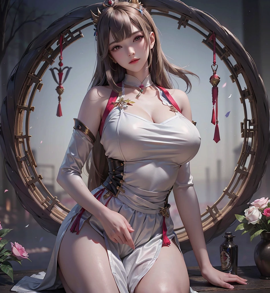 high image, super detail, high resolution, anime, manga, illustration, goddess, priest, pretty girl, ecstatic expression, amorous expression, seductive look, flowing layered messy half-up knitting ponytail hair style, sparkling gold eyes, huge breasts, under boob, great proportion, perfect proportion, slender, full body, background Northern Renaissance style, fantasy, galaxy, magic circle, kaleidoscope, give off rainbow and gold neon light many lines radially from floor and ceiling, cyber punk, water droplets, splashes --auto
