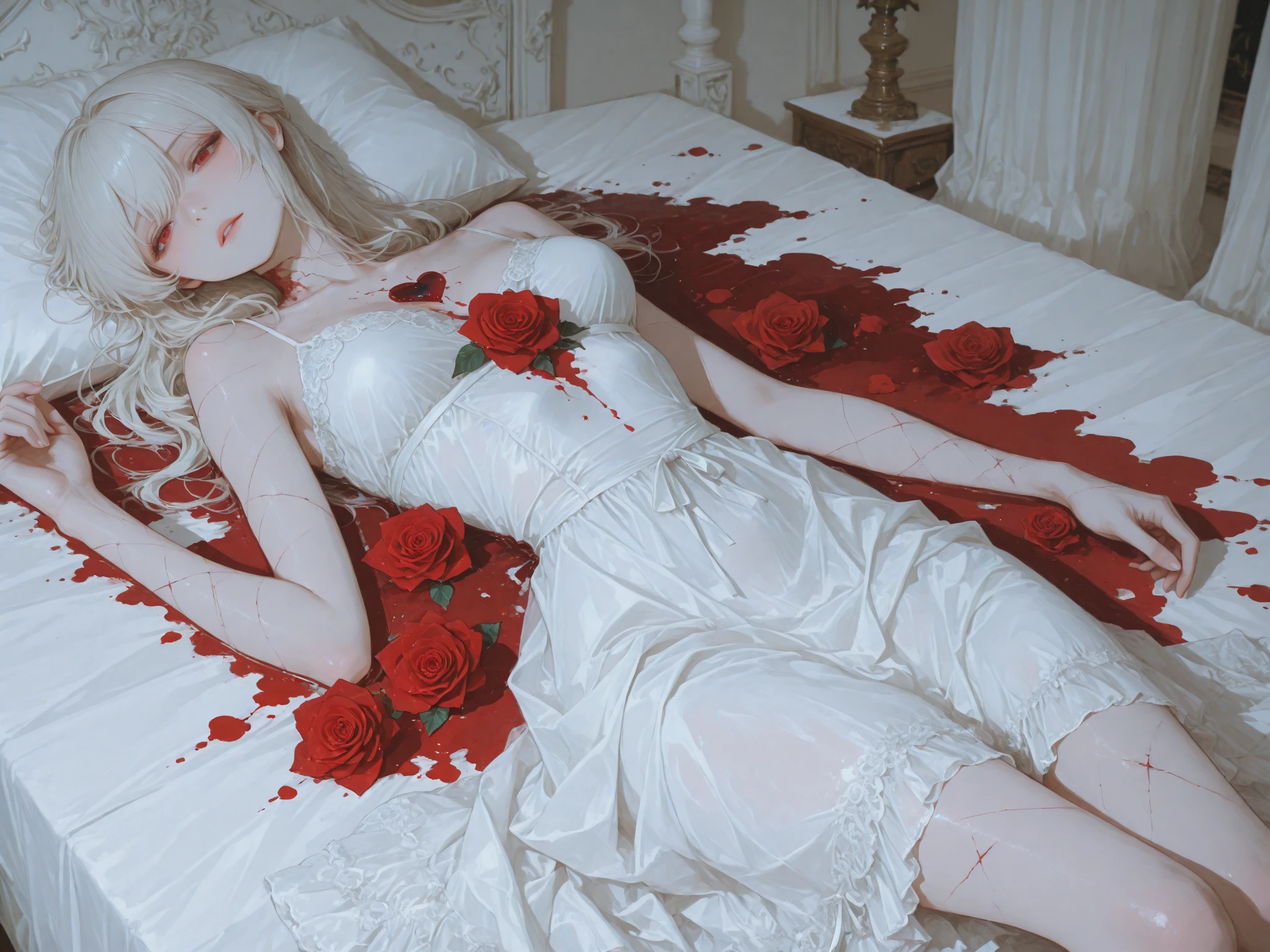 ultra detailed 8k cg, lying, red rose, white rose, sleeping beauty,