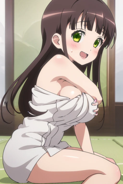 pov, girl on top, straddling, (High resolution:1.4), (masutepiece:1.2), (High quality:1.3) 1girl, saten ruiko, green eyes, long hair, black hair, small breast,, Sweat, moving line, unconscious, faint, Sweat, embarrassing, Wearing Sweat, full nude, Effect moving line, orgasm, {{{moving line}}}, blush，