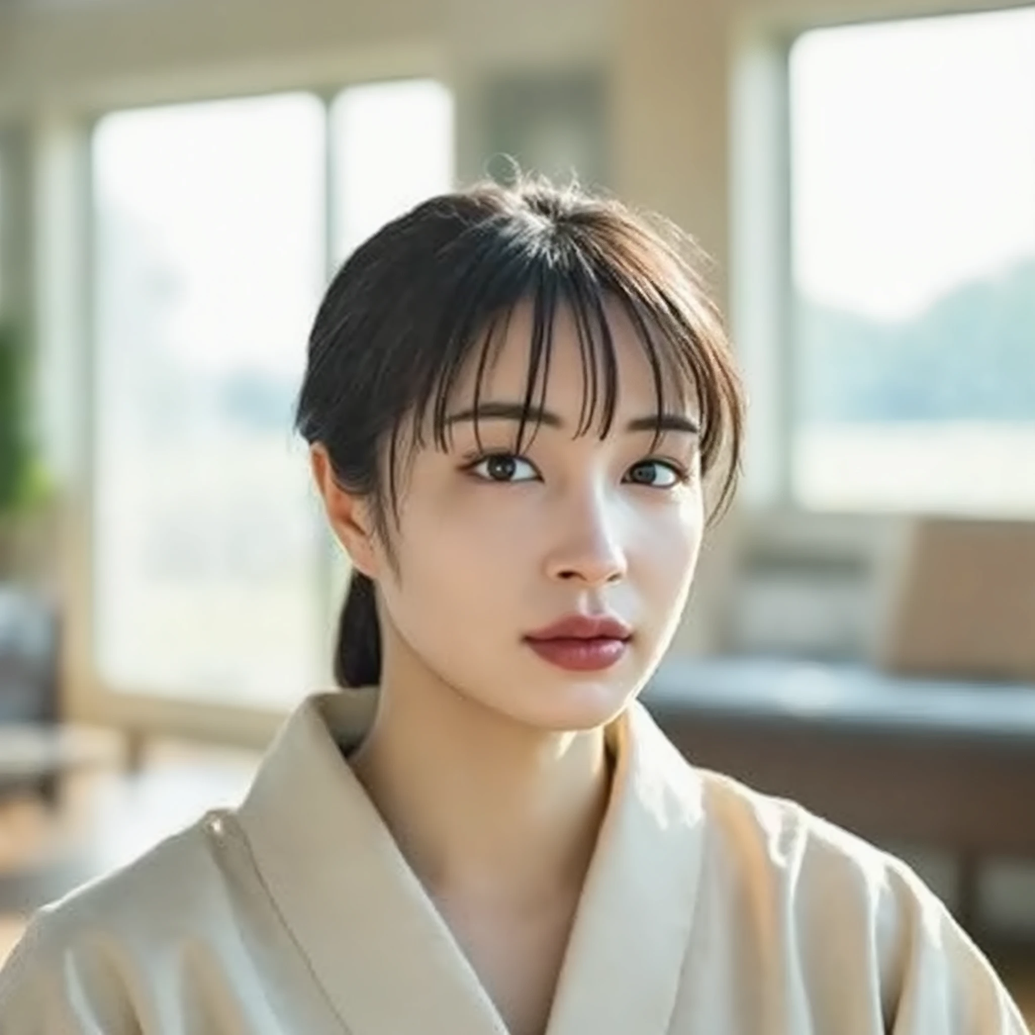 Photorealistic, 8K quality. Hyper-realistic. Japanese actress. Hirose Suzu. Super beautiful. Short bob hair. She is playing Karuta in a kimono and hakama. She is sitting upright in a large tatami room. Her serious expression is beautiful. The light pours in from the Japanese garden, creating a fresh and strict atmosphere.