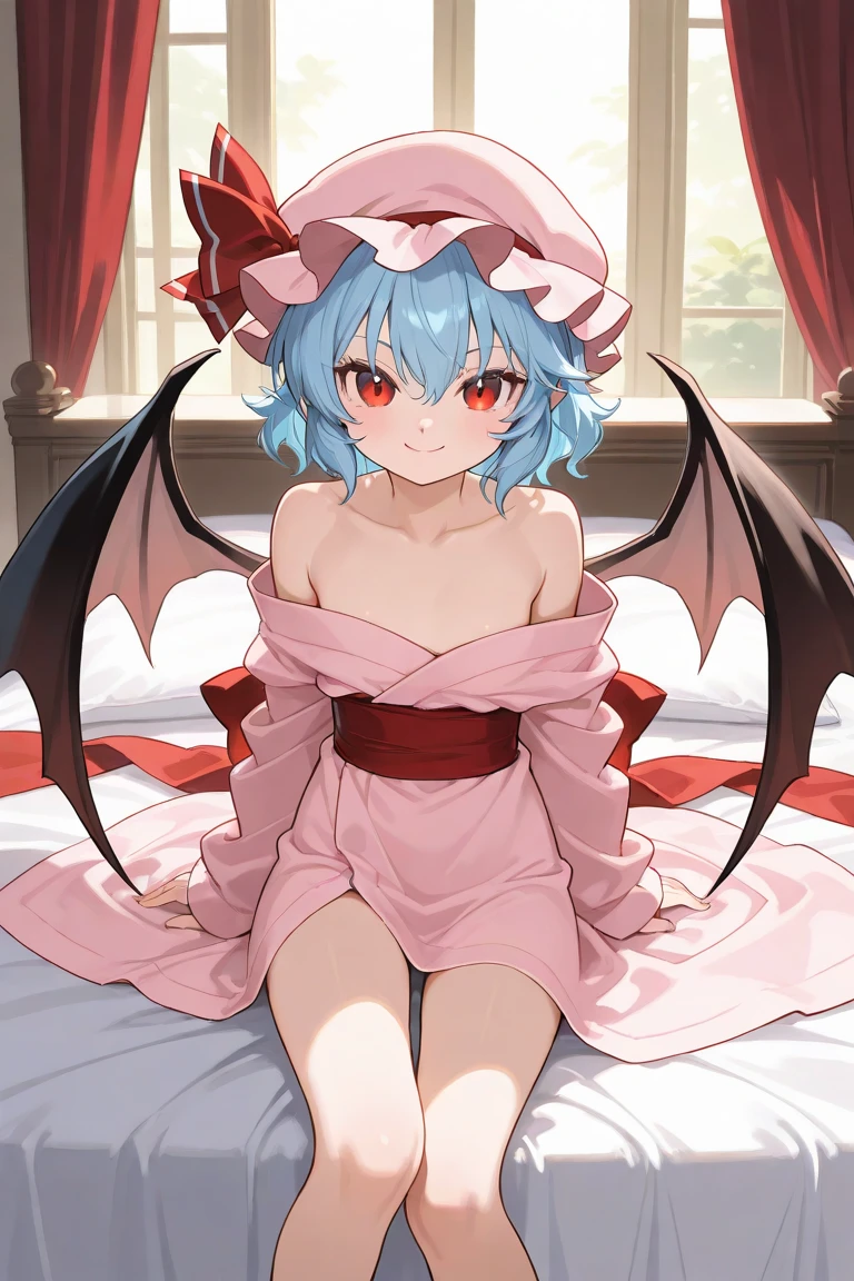 Anime Femboy, Fine skin, cute, (masterpiece, highest quality, 8K ultra-high resolution:1.4), beautiful detailed eyes, ultra-detailed, drsizukachan1,
Standing, front view,
remilia_scarlet_touhou, red_eyes, mob_cap, short_hair, bat_wings, wings, hat, blue_hair, hair_between_eyes, bangs, smile, red_ribbon,
(((Completely naked))), pussy line,
((Femboy)), no ko , a feminine boy, (((no constriction, Dim body)))
red moon night background,