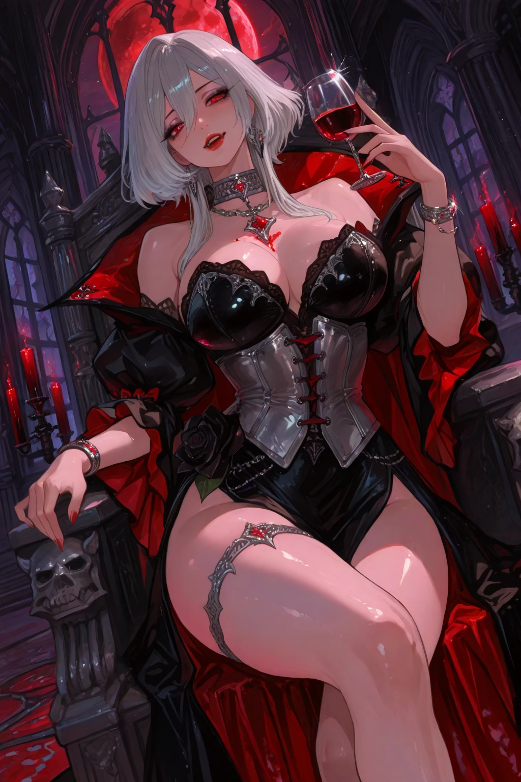 Cosplay Kaneki, wearing Kaneki Lumine mask, danger, evil smile, villain, bloodstains, wearing short clothes, breasts big, neckleace, Tattoo on Underbelly,legs open leaving your panties visible,a chair,high-detailed face, all-white background,looking ahead at viewer