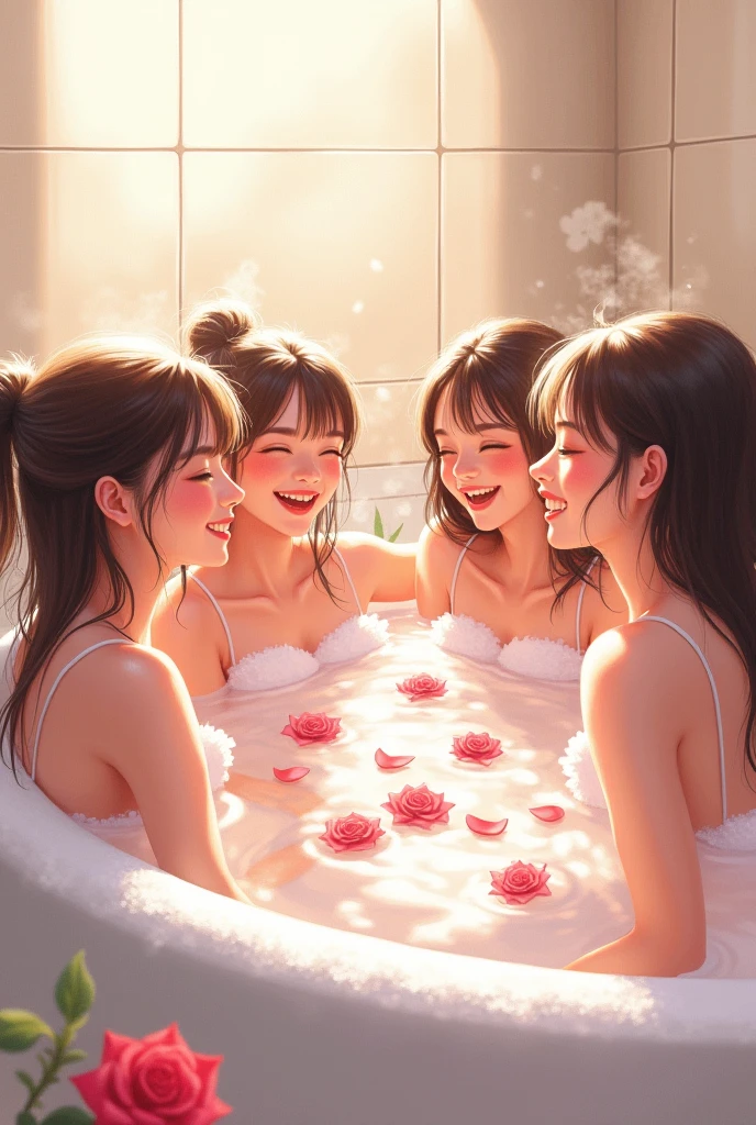 Four girls kissing, in shower, holding penis big,