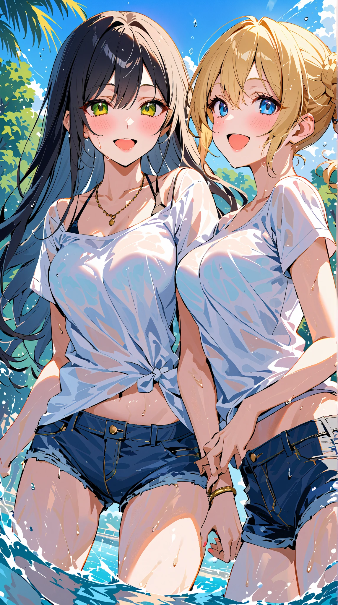 masterpiece, best quality, 2 girls, group_squeez, (little girl), 10yo, cowboy shot, from above, selfie,
grin, standing, tube top, (see-through), small breasts, nipples, Navel, (shorts, zipper open), park, grass,