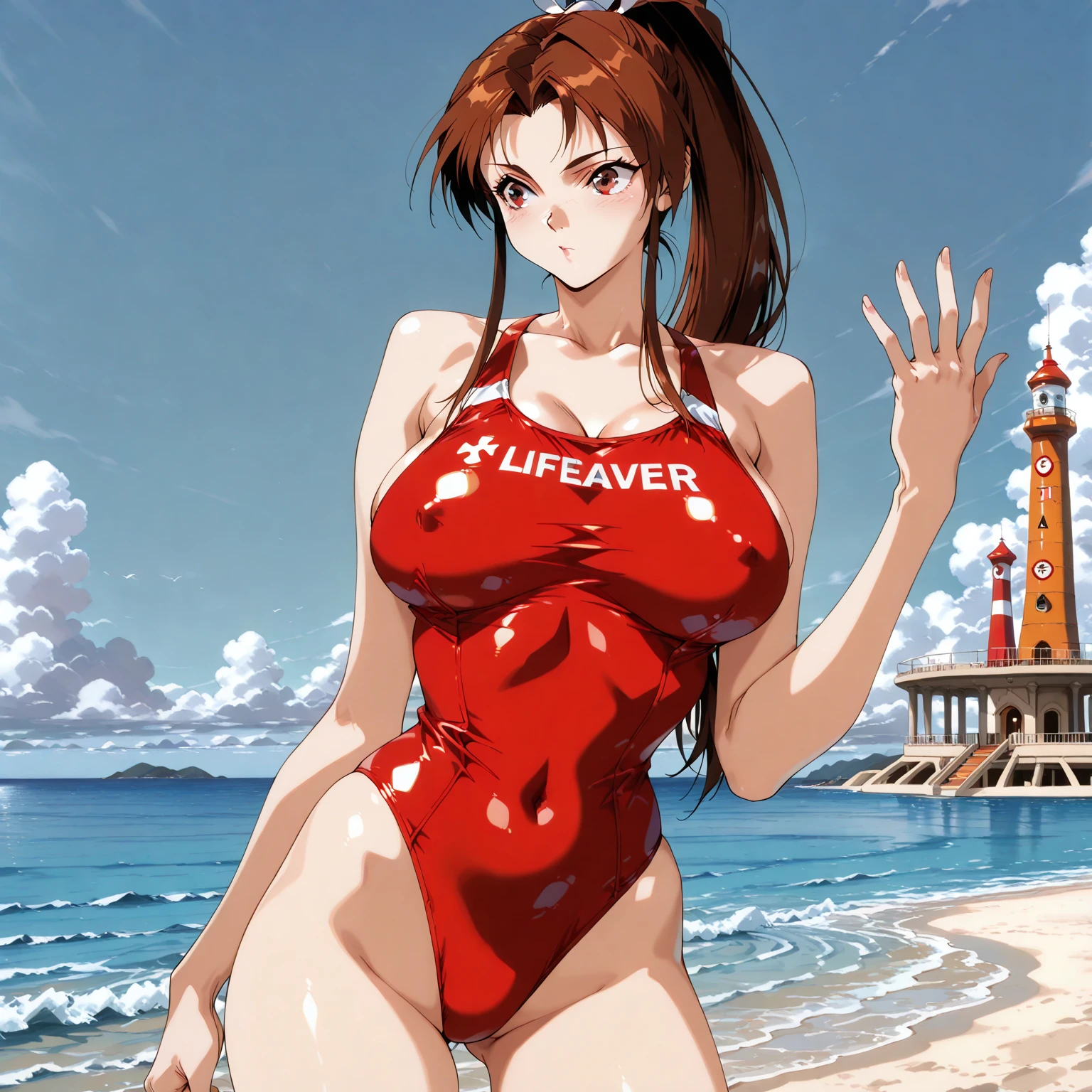 A beautiful woman with long, shoulder-length hair, big breasts, and beautiful legs is standing in a changing room with her legs spread apart in a red competitive swimsuit.。