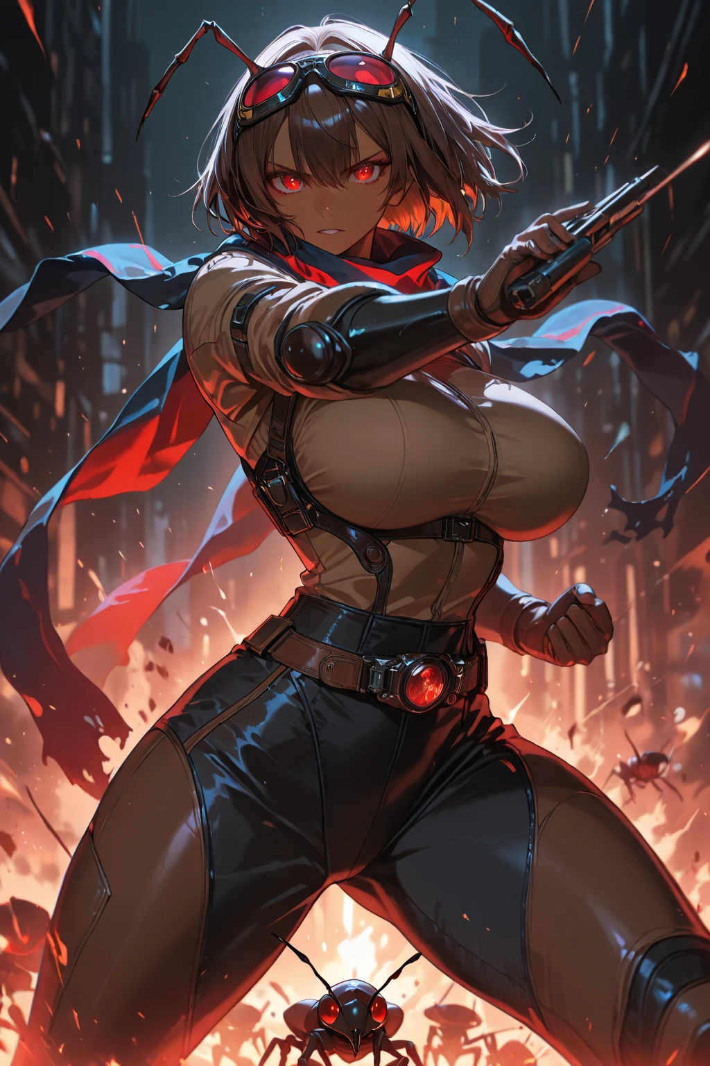 perfect anatomy muscular girl toned body huge breasts black hair yellow eyes solo