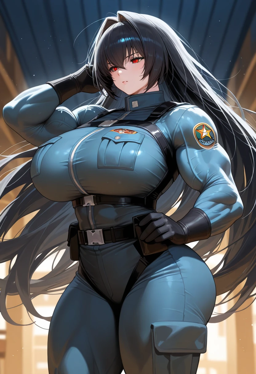 girl breasts huge muscles huge thighs solo girl black hair extremely long hair pale skin expressionless yellow eyes ((uniform))