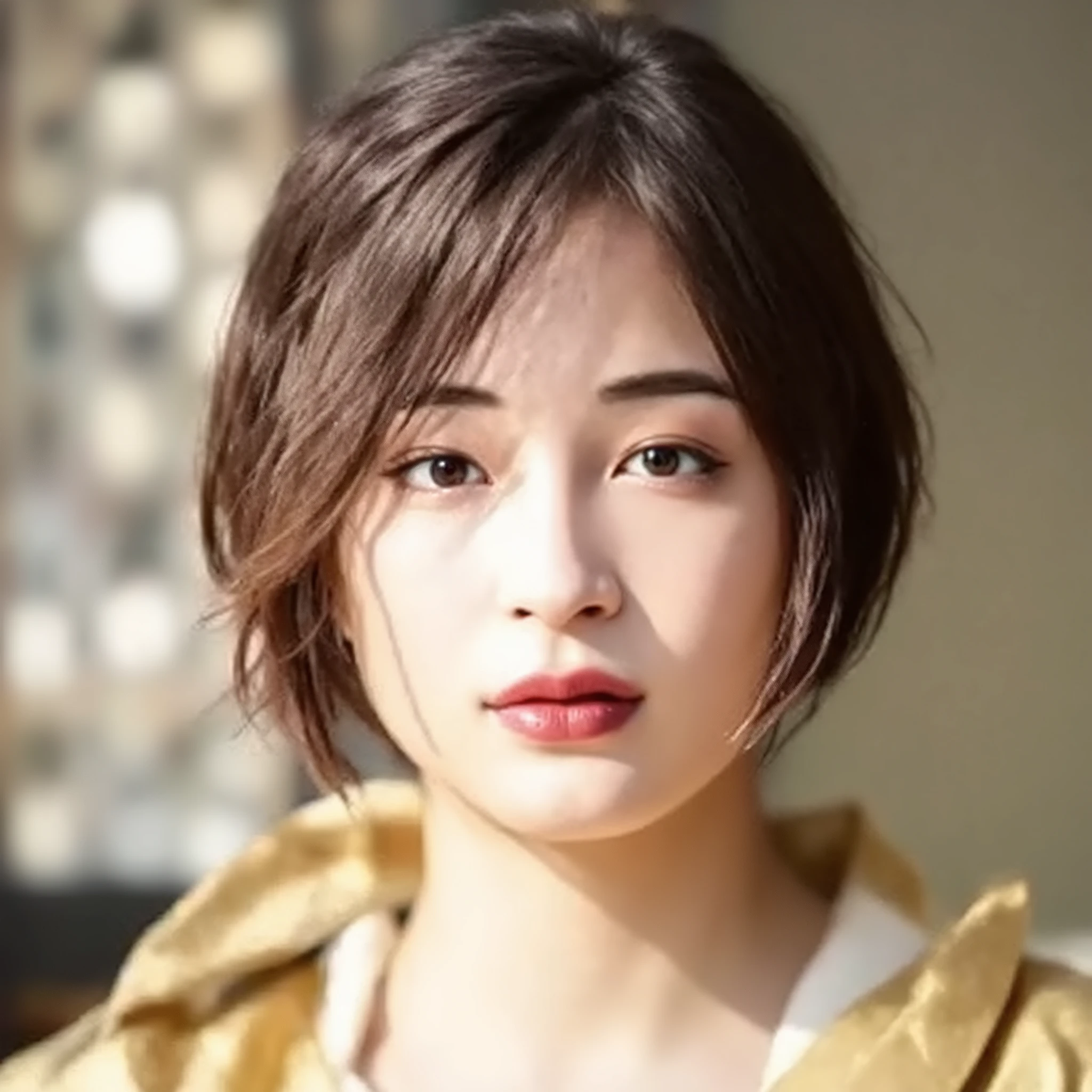 Photorealistic, 8K quality. Hyper-realistic. Japanese actress. Hirose Suzu. Super beautiful. Short bob hair. She is playing Karuta in a kimono and hakama. She is sitting upright in a large tatami room. Her serious expression is beautiful. The light pours in from the Japanese garden, creating a fresh and strict atmosphere.