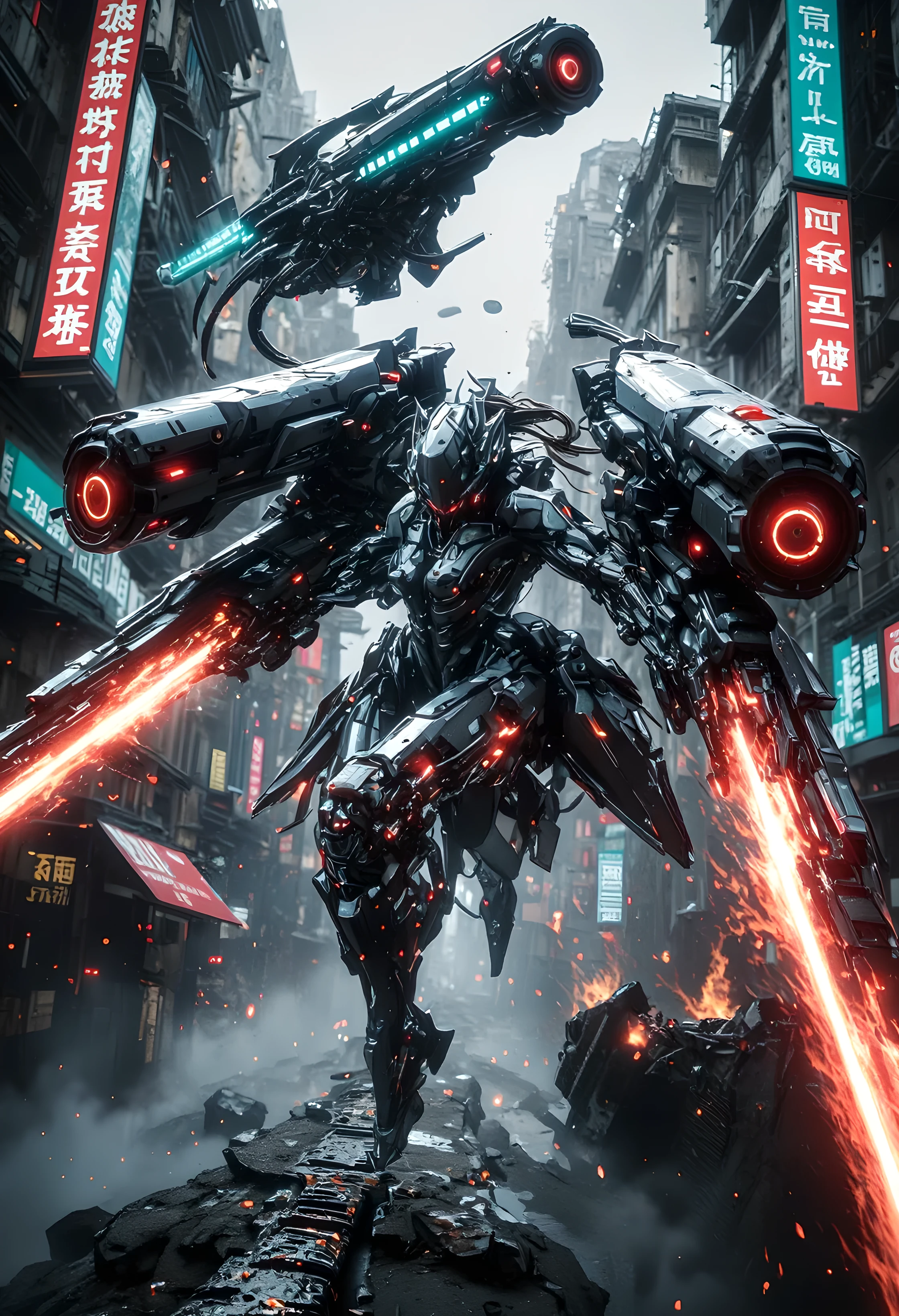 Photorealistic Live-action Real cinematic 8k footage. A battle-hardened female soldier in advanced powered exoskeleton armor, complete with wings and jet fighters, engages in an aerial duel with alien spacecraft floating around her at supersonic speeds above a rain-soaked and devastated Bangkok. The terrifying atmosphere is brought to life with billowing flames and smoke. Her hydraulic arms hold massive twin-barreled plasma cannons that emit fiery azure energy beams, while her shoulder-mounted railguns fire crimson tracking lasers. Her sweaty face is visible through her helmet’s visor. Hair flutters in the gusts of wind. Shards of concrete explode from the impact of a skyscraper as she tilts at Mach 3. Thrusters glow white-hot. Below, holographic billboards reflect on a flooded street between Deco Neon skyscrapers. Volumetric clouds are pierced by searchlights, lens flares from energy weapons, and debris solidified at 1/8000 shutter speed. Hyperrealistic textures: charred armor plates, raindrops on lenses. And atmospheric haze, cinematic contrast with dark shadows beneath urban canyons contrasted with gun muzzle flashes, physics-based rendering with subsurface scattering, ray-traced reflections on wet surfaces, and overall illumination tuned with LuxRender. Realistic details, raw style.