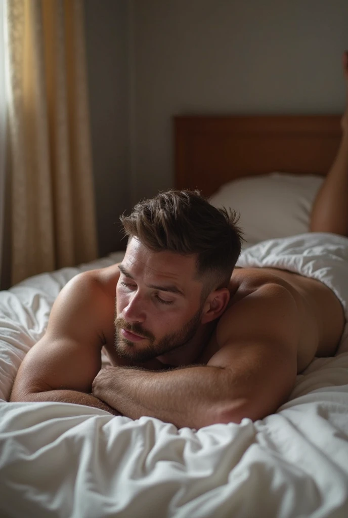 Messi lying on a bed without clothes with 5 men kissing him
