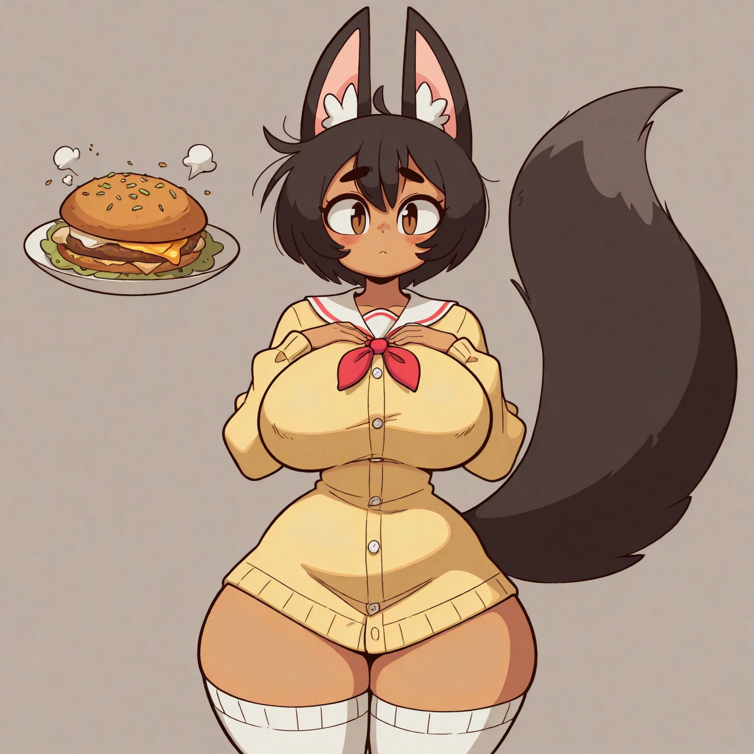 Short busty rabbit girl wearing nothing but a red apron, brown fur, wheat field, looking in the distance, by bebebebebe, by spuydjeks, by spikedmauler