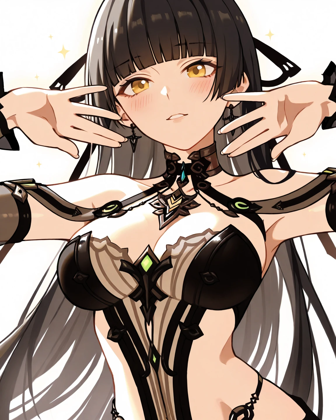whole body,Standing posture, (alone,Beautifully arranged hair,Black Hair,Straight Long Hair,Hime cut,Bangs,) (Super big breasts,Girl,), (beautifully drawn face:1.2) (Naked,) Embarrassed expression,(White background)