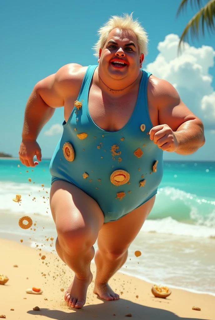 full body view, a big large fat over-muscular obese male Scott Porter looking like as a pig with golden rings, blond undercut haircut, white lycra suit, white socks, no shoes, with a snout pierced with a large gold ring, all muscles over-inflated hyper-developed, laying deply rolled into mud