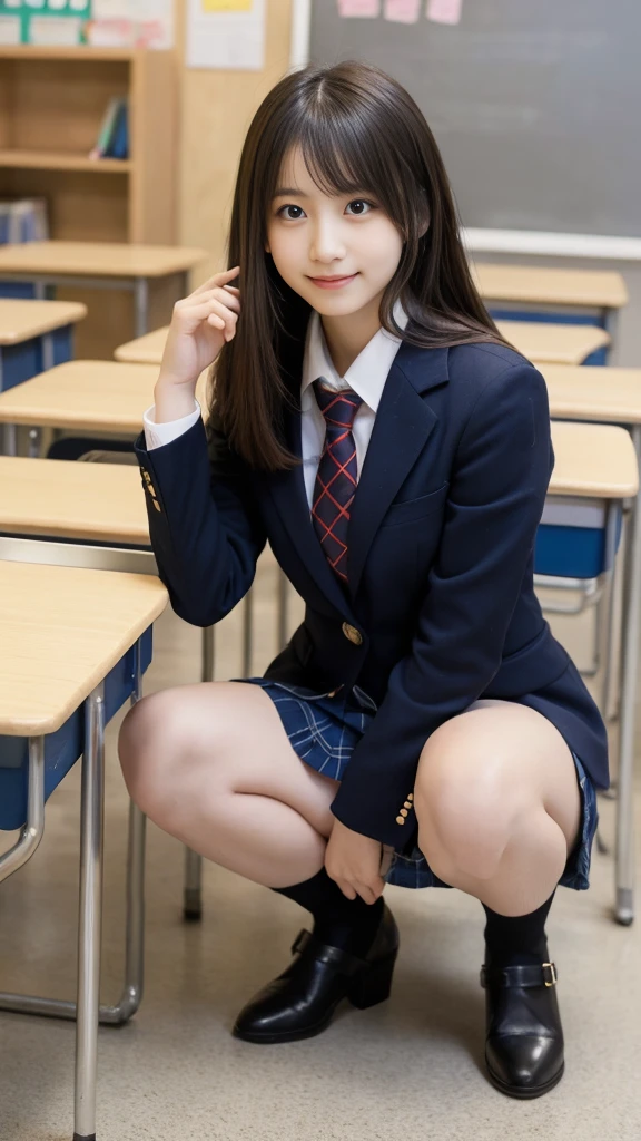 ulzzang-6500-v1.1, (Raw photo:1.2), (Photorealistic:1.4), Beautiful detailed girl, Very detailed eyes and face, Beautiful detailed eyes, Ridiculous, Incredibly ridiculous, Ultra detailed, High Definition, Very detailed, Best quality, Masterpiece, ((Japan girls' high school summer blue uniform)), Classroom in class, By the window and outside the window is blue sky, unified, 8k wallpaper, fantastic, fine detail, masterpiece, top quality, highly detailed CG uniform 8k wallpaper,movie lighting, 14 year old girl, (((dynamic pose))), (camel toe), (knee bending leg sitting))
