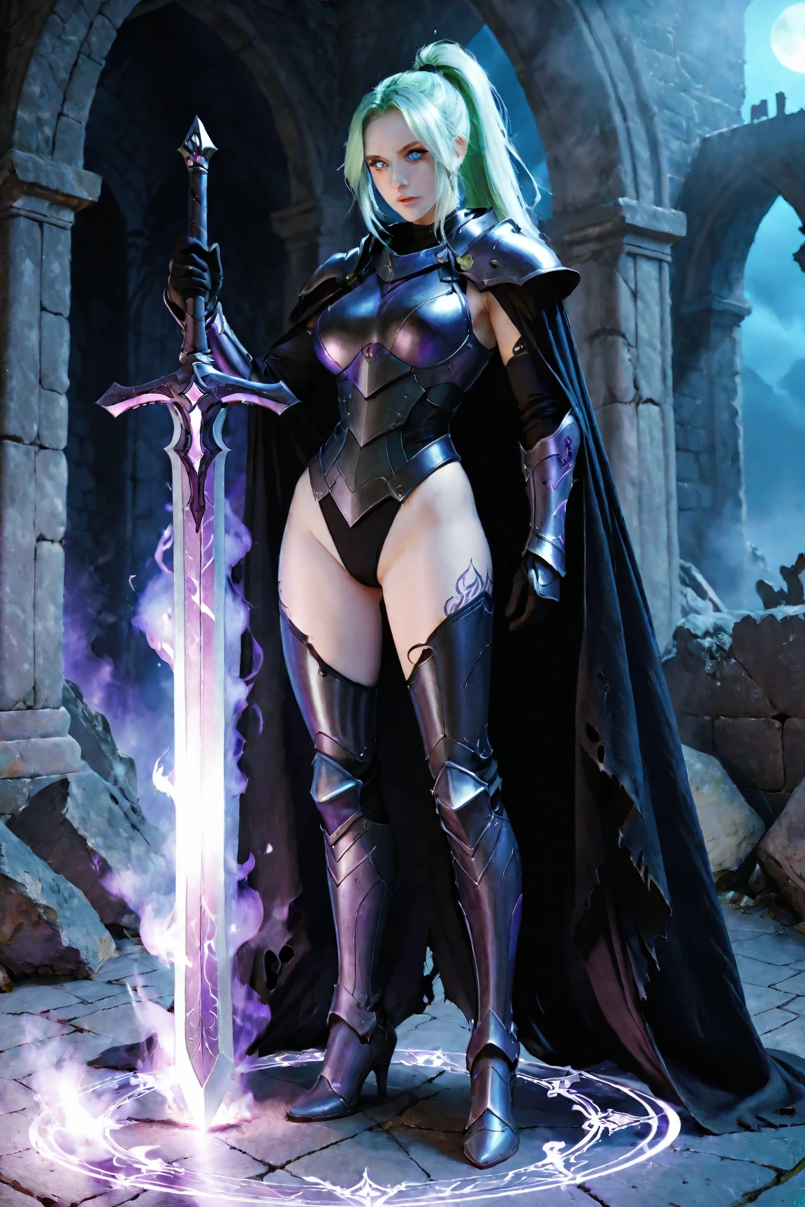 core_9, score_8_up, score_7_up, Beautiful Alluring female knight, Mythology Fantasy Theme, purple Skin, long white hair, red eyes, small breasts, magical dark bioluminescent mushroom forest, Barely Clothed, gothic spiked bikini armor, D&D, Digital Art, Full Body Shot