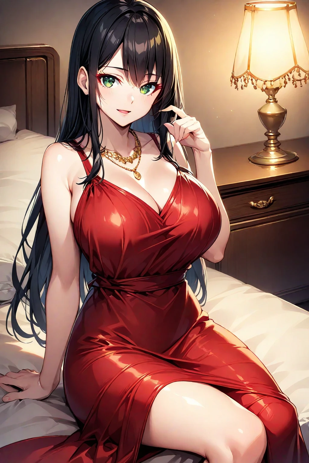 Highest quality, masterpiece, Ultra-high resolution, (Realistic: 1.4), RAW Photos, 1 Girl, Black Hair, Shiny skin, Dramatic lighting, whole body,, Red dress, huge