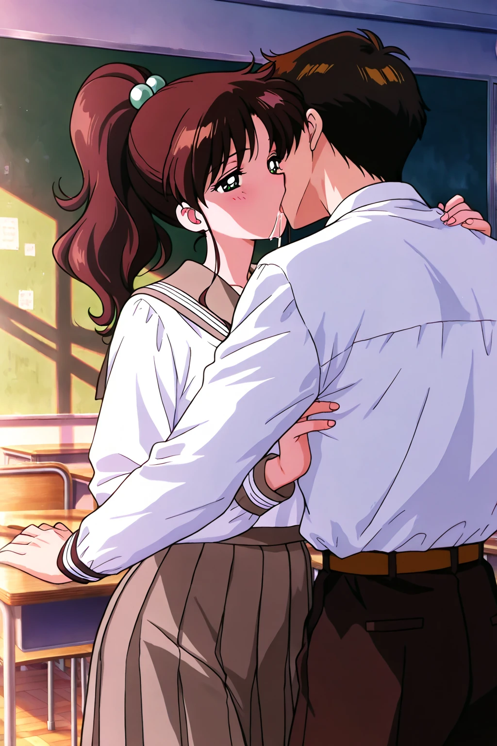 1girl, 1boy, standing, from side,school uniform,hug kiss,<lora:properkissing_v1:.5> properkissing,french kiss,full body,
1boy,chiba mamoru, black tuxedo, french kiss,
BREAK
1girl,open mouth,french kisss,hmjupiter, green eyes, ponytail, tiara, jewelry, sailor senshi uniform, green sailor collar, choker, elbow gloves, white gloves, pink bow, brooch, white leotard, green skirt, pleated skirt