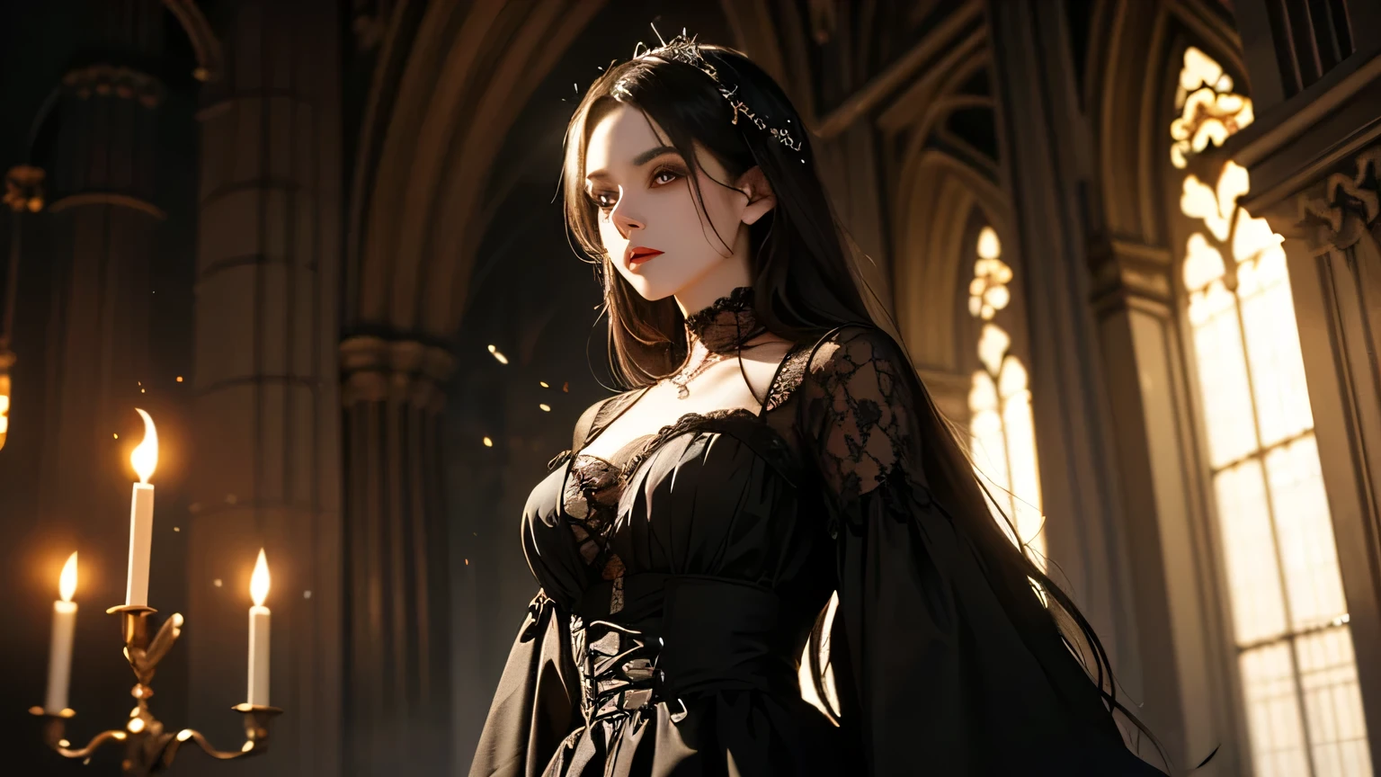 1个Giant Breast Girl,curate,Large breasts,Mid-range portrait,ornate decoration,A Gothic Church,complex patterns,crosses, hyper HD, 8K,dramatics,mystic symbols