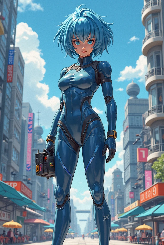 Sexy Female android with cyan hair with a regular Panamanian house in the background 