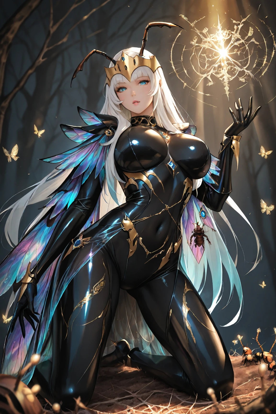  woman evil grin, chengwei pan on artstation, by Yang J, detailed fantasy art, stunning character art, epic exquisite character art, beautiful god athena black and gold armor, extremely detailed artgerm, detailed digital anime art, artgerm on , rim lighting, exposed cleavage full body, sitting in a spike black throne , white bouncy hair , evil look , White bouncy hair 