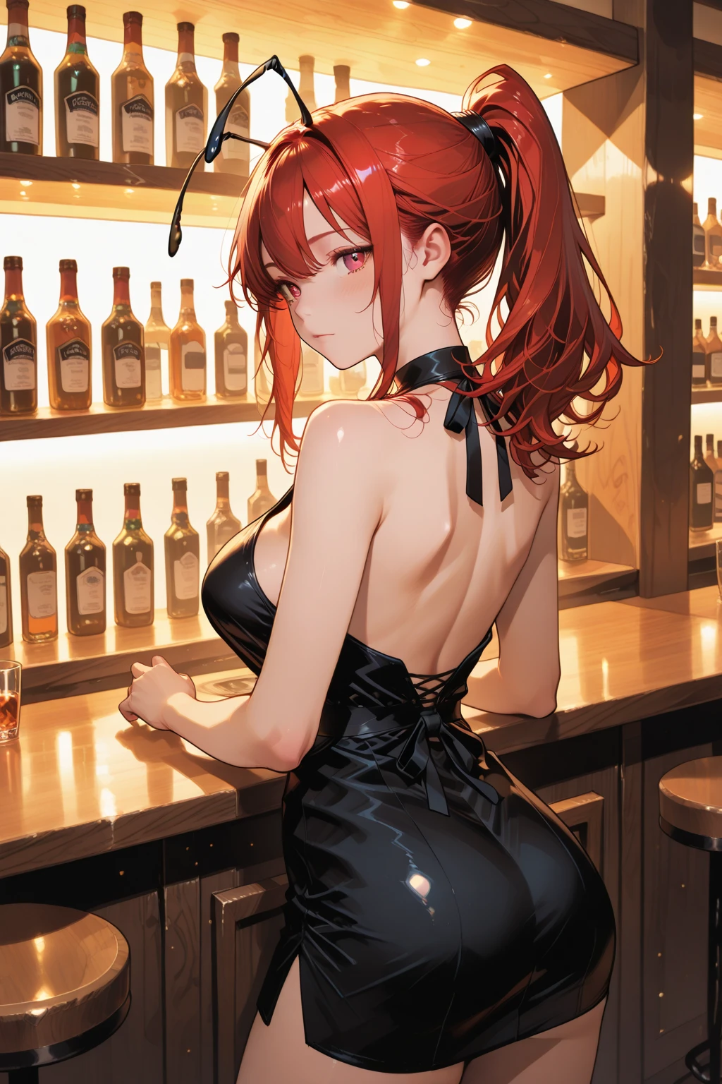 Masterpiece, animerealistic, Top quality, Ultra high definition, Maximum resolution, Very detailed, Professional lighting, kabedon pov, looking back at viewer, smug, glowing eyes, One girl, she’s a female oni, devilish girl, she has light red hair, gothic demoness, Very cute, Sit, ass focus, thick hips and bubble butt, submissive, toned back, long hair, Hairpin, a corset top, gothic lingerie, hourglass figure, sweat, yellow eyes, beautiful eyes, wearing mascara, temptress Blush,