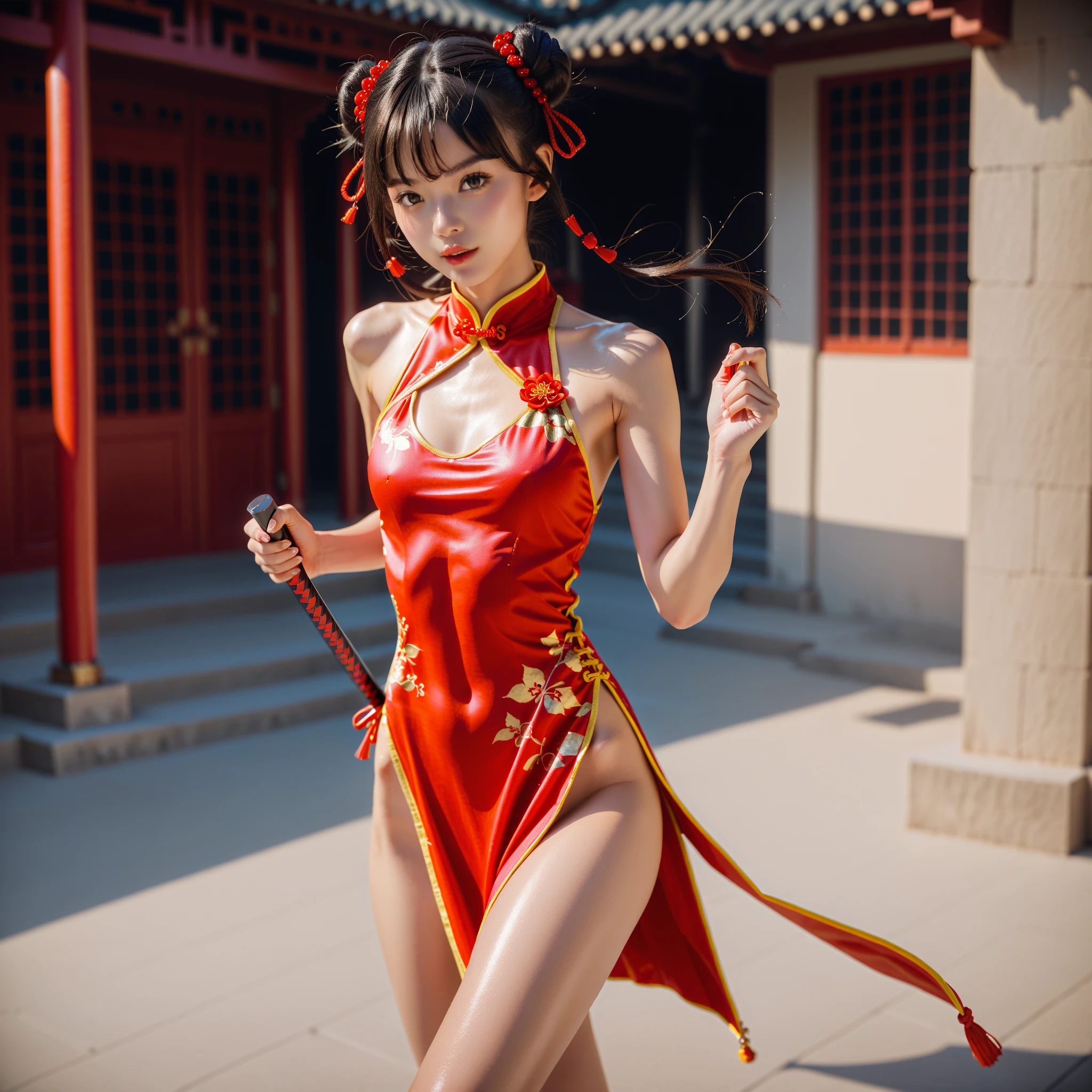 （8K、Raw photography、Highest quality、masterpiece：1.2),(Black Hair、Dark Eyes:1.9),(Red Chinese Dress:1.4)、View your audience,Front view,White skin,(Twin tails:1.3)、(Tight waist:1.6)、(Clothes that accentuate the shape of the breasts:1.0)、(Big Breasts :1.3)、Slim figure、Ultra-high resolution,beautiful,beautiful fece,(One person、No background:1.9),whole bodyボディー,Japanese women,（reality的：1.37）、Photon Mapping,reality、(Baby-faced and cute: 1.4)、(Cute Smile: 1.8)、(Round face: 1.8)、Radio City、Physically Based Rendering、Depth of field rally background、photograph, (I can see your knees、Thigh close-up:1.8),（:1.6）,whole body、Great quality