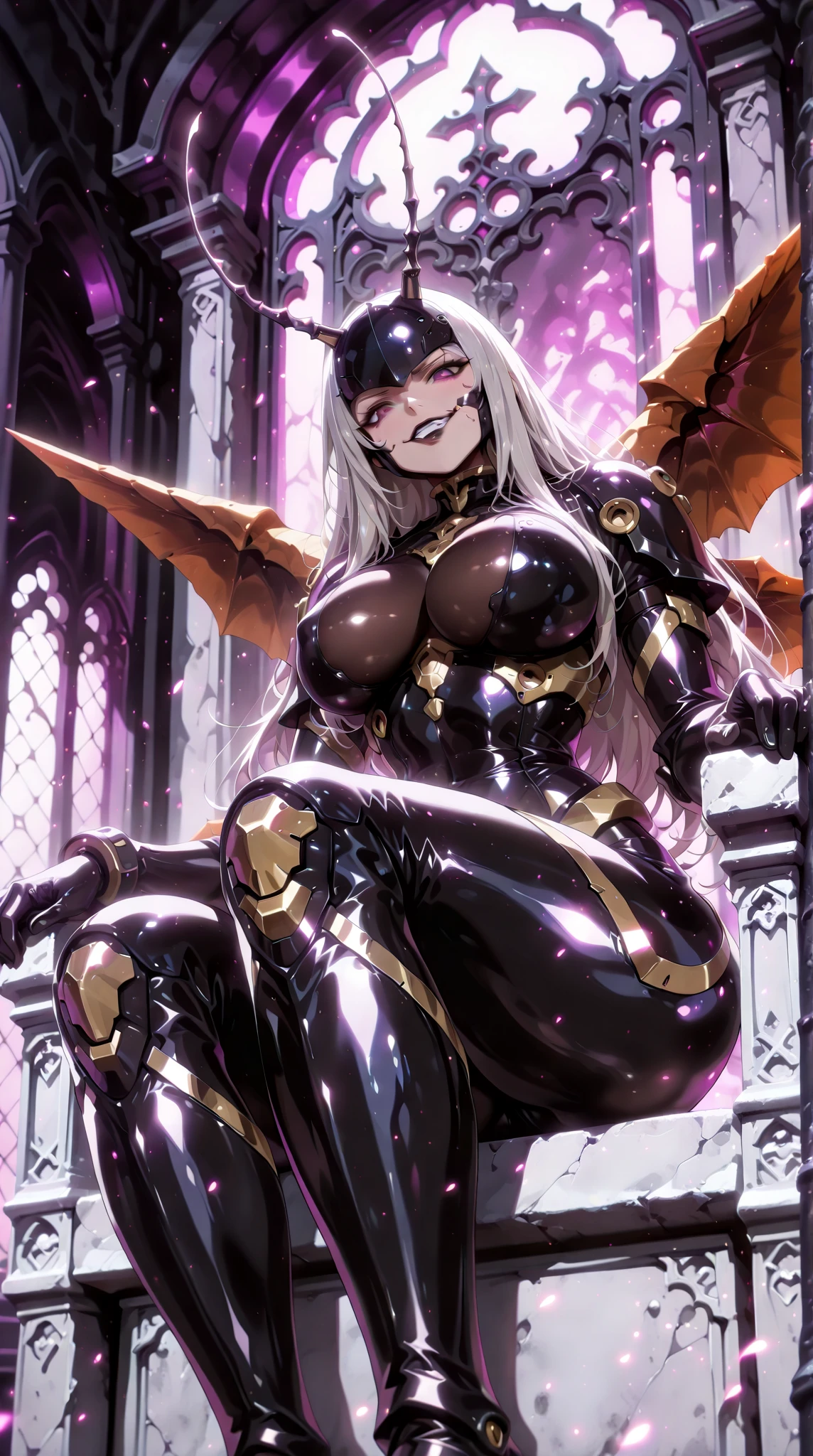 ((Highest quality)), ((masterpiece)), (detailed), （Perfect Face）、The woman is a sexy devil with jet black skin、The woman is a jet-black female demon with magnificent devil horns, jet-black devil wings, and a jet-black tail. Her skin is jet-black and she is wearing a seductive shiny black bodysuit decorated with gold. She is the jet-black demon Princess Leona, with medium-long light brown hair, and is a demon in both body and mind.、The woman is the wife of a dignified and powerful demon king, her beloved husband.