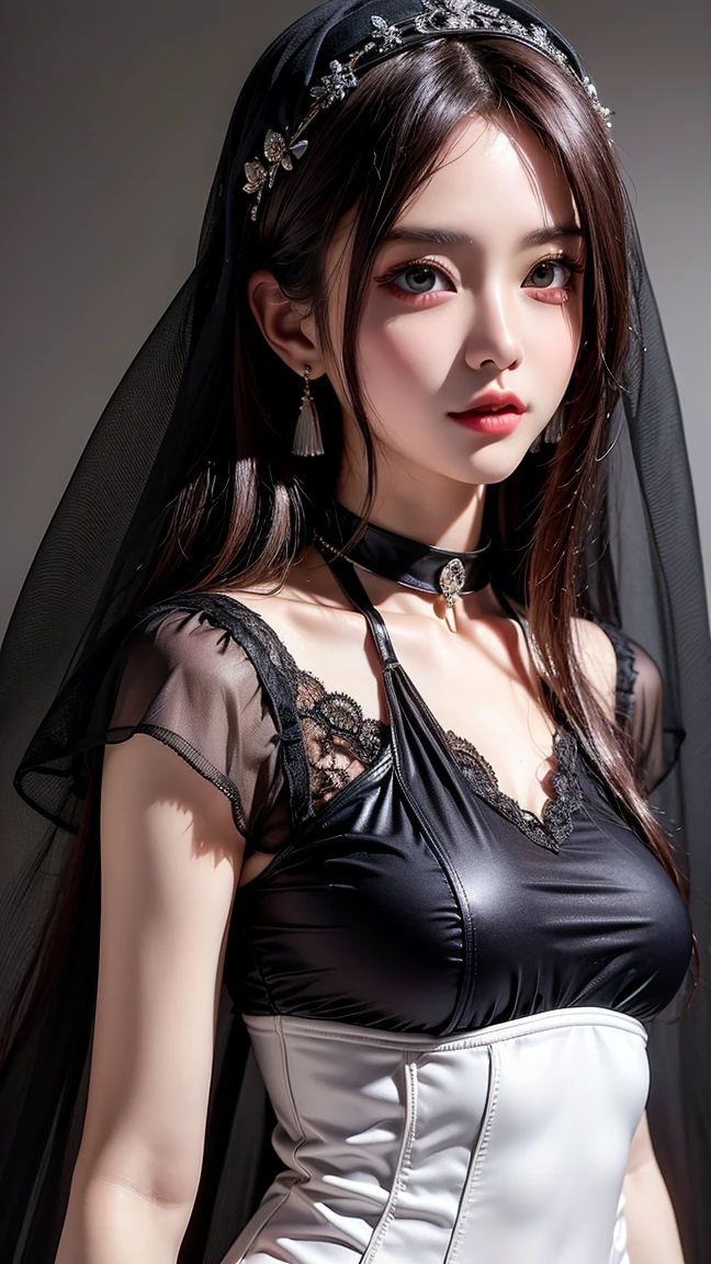 ((1 girl)) ((( Anne Hathaway:Selena Gomez:0.7))) ,(20year old)), hair((black)), eyes((smart eyes, black)), clothes((brocade, red wedding dress, red)), hair bun, tiara, veil, bouquet, aesthetic wedding costume, smiling, korean make-up look, bold make-up, white church, wedding in church,
