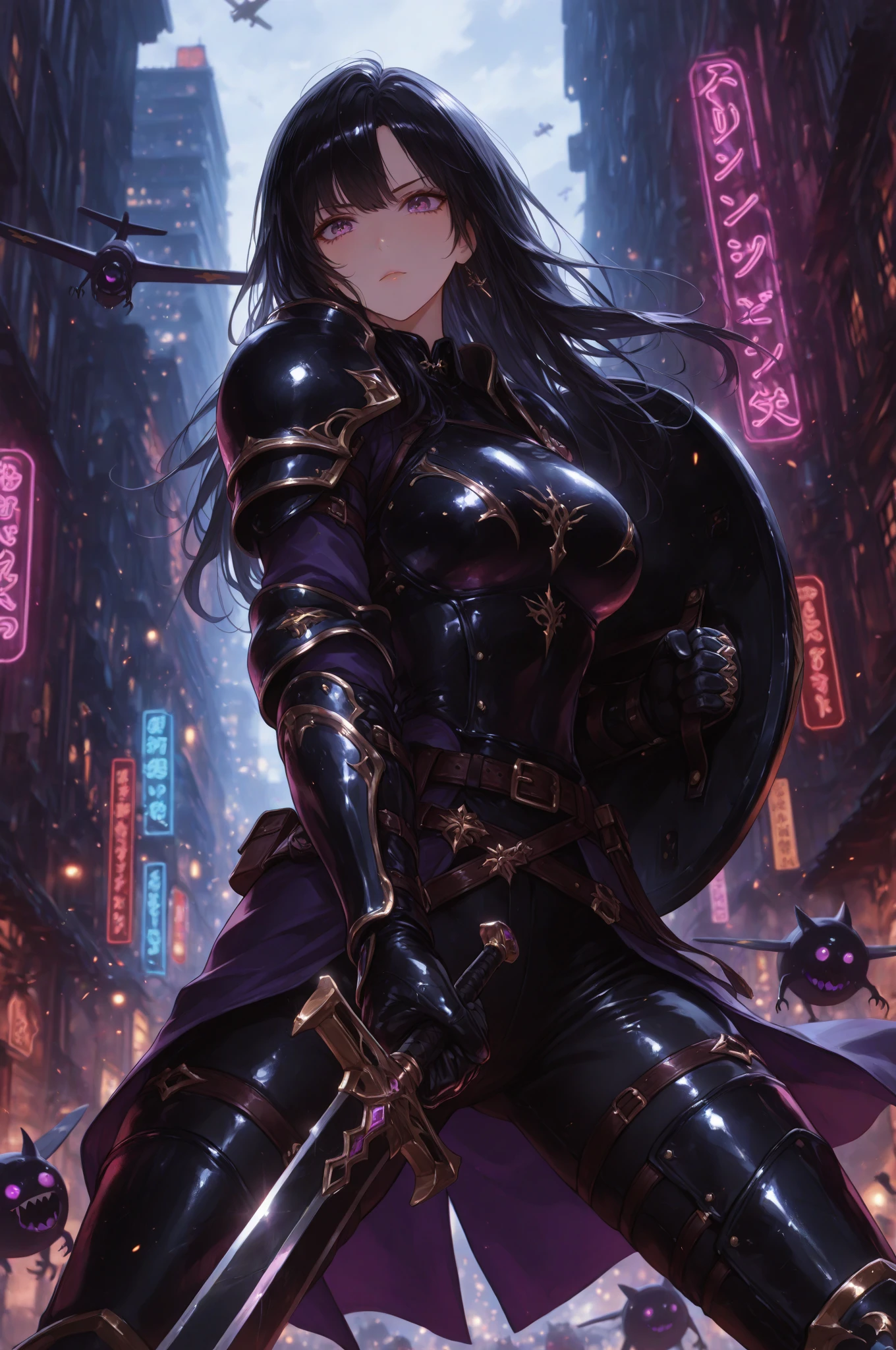 masterpiece,best quality,1girl,minamoto no raikou \(fate\),serious,huge breasts,purple hair,long hair,kamen,tokusatsu,((belt)),battlesuit,shoulder armor,headgear,mask,cape,scarf,action pose,motion lines,motion blur,<lora:CHAR-FGO-Raikou_Hard:0.5>,<lora:kamen:0.6>,
