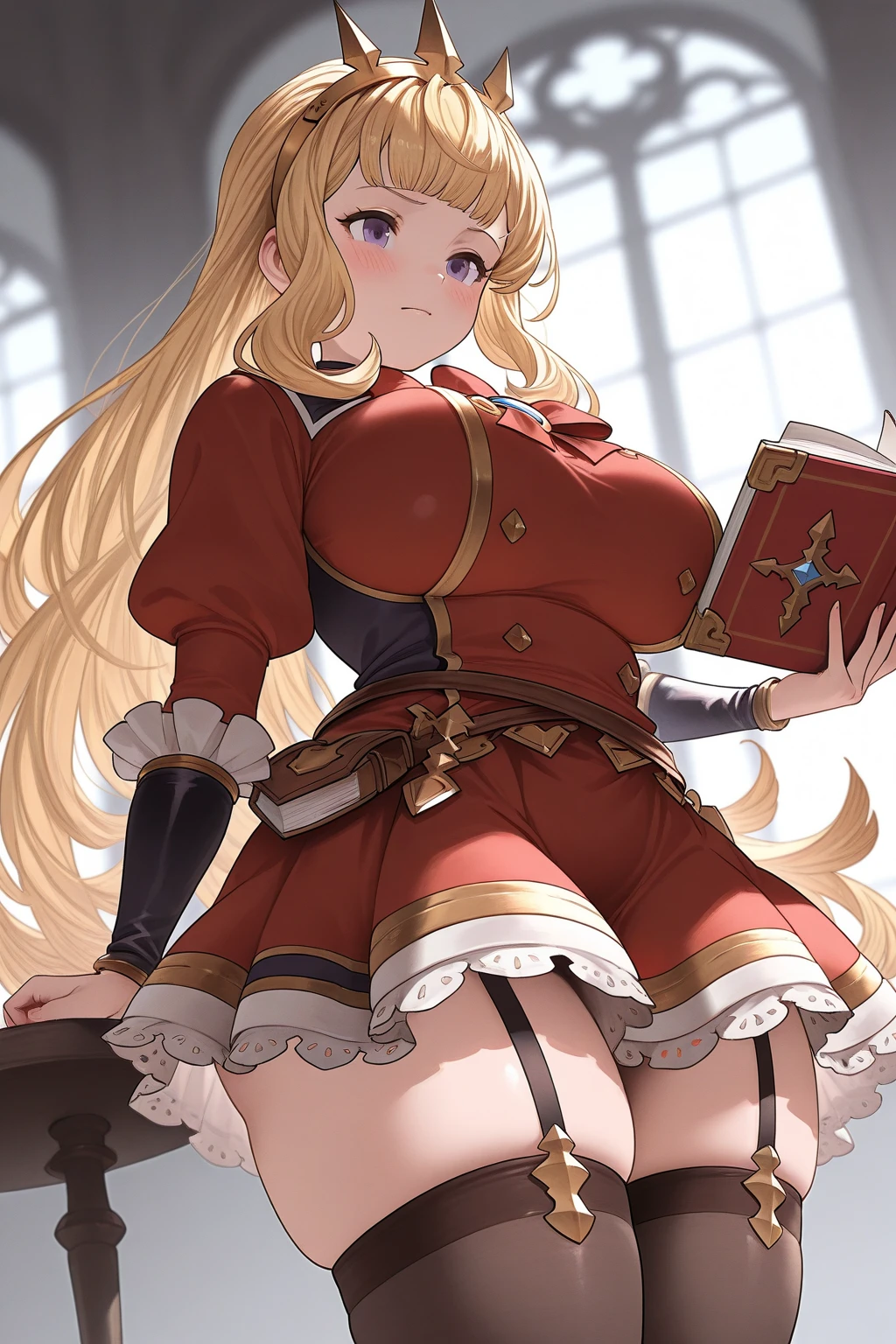 masutepiece, Best Quality, the Extremely Detailed CG Unity 8K Wallpapers, Beauty Priestess Costume, Long dark blonde wavy hair、gorgeous dress, Gorgeous Long Flared Skirt、Luxurious hair ornaments、Medium milk, Puffy nipple、Blushing, Shy laughter, Bare shoulders、sexy hips、high-heels、Luxurious magic wand and book、Church of the castle、sexy pose、(Poses that emphasize the buttocks)、Close your chest and emphasize