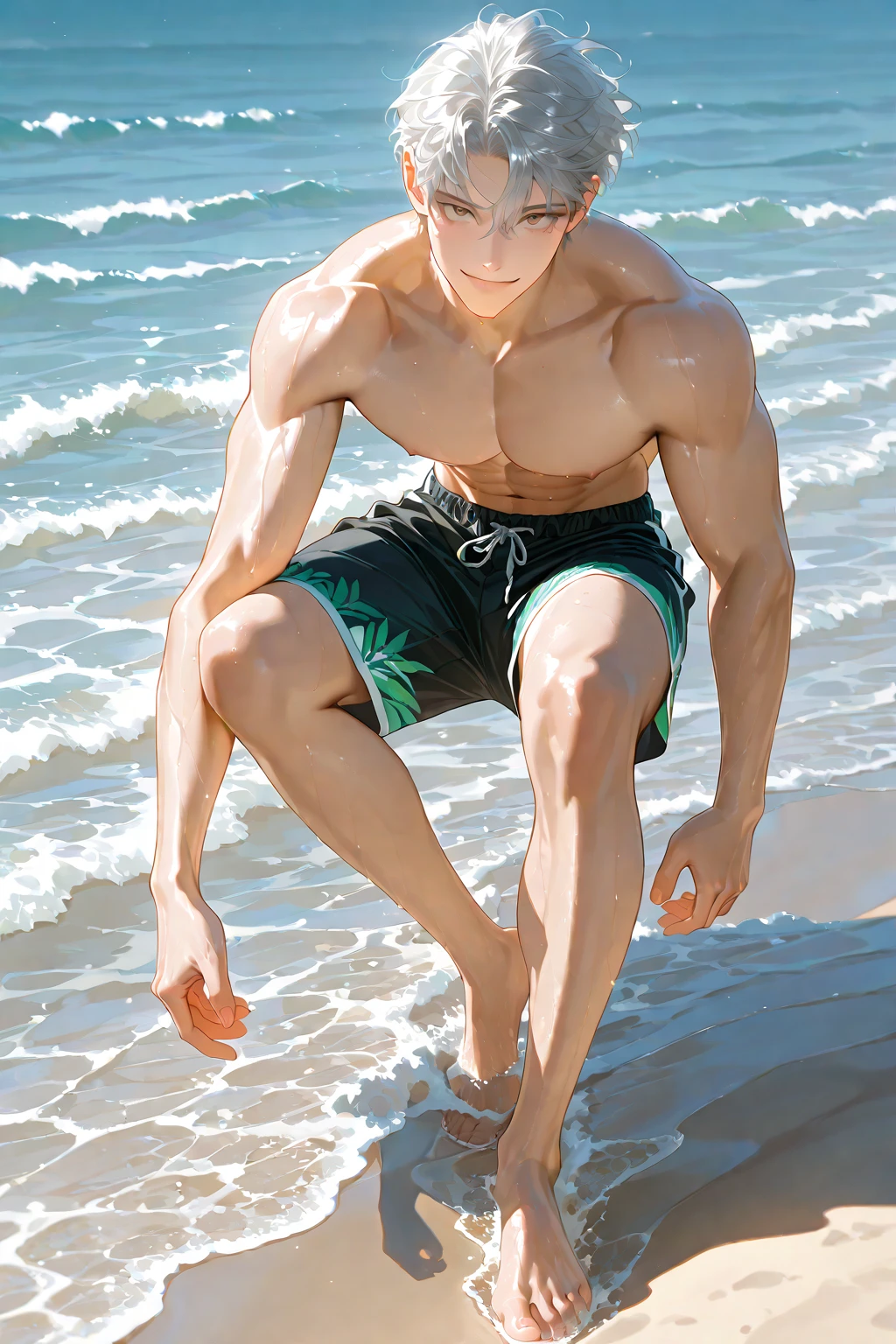 "Muscular young Asian surfer enjoying a beach day with a bright smile, confidently sporting his stylish swimwear, showcasing his athletic physique, exuding a sense of vitality and energy."