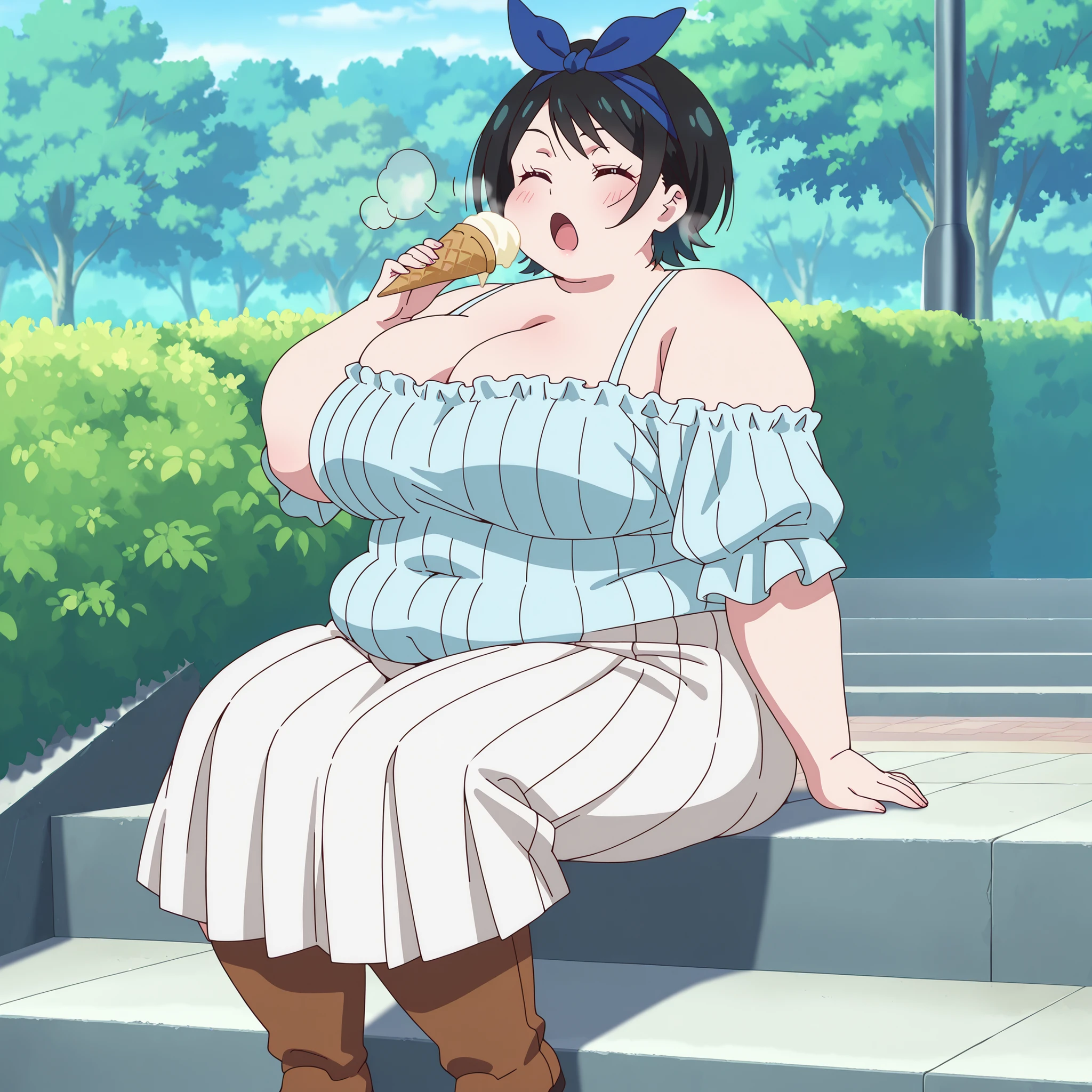 (very_aesthetic, best_quality, high_resolution, ultra_detailed, anime_screencap), 1 girl, solo, Ruka Sarashina, black hair, short hair, round hair, blue ribbon, hairband, hair ribbon, perfect hair, closed eyes, eyelashes, eating, white beautiful skin, , cleavage, sitting on stairs, holding an ice cream cone, looking at viewer, super skinny, tiny hips, sideview, brown boots, bare shoulders, off shoulder, blue blouse, ribbed blouse, frills, pleated white skirt, long skirt, outdoors, park, day fat, chubby, obese, gigantic arms and legs, large breasts open mouth, out of breath