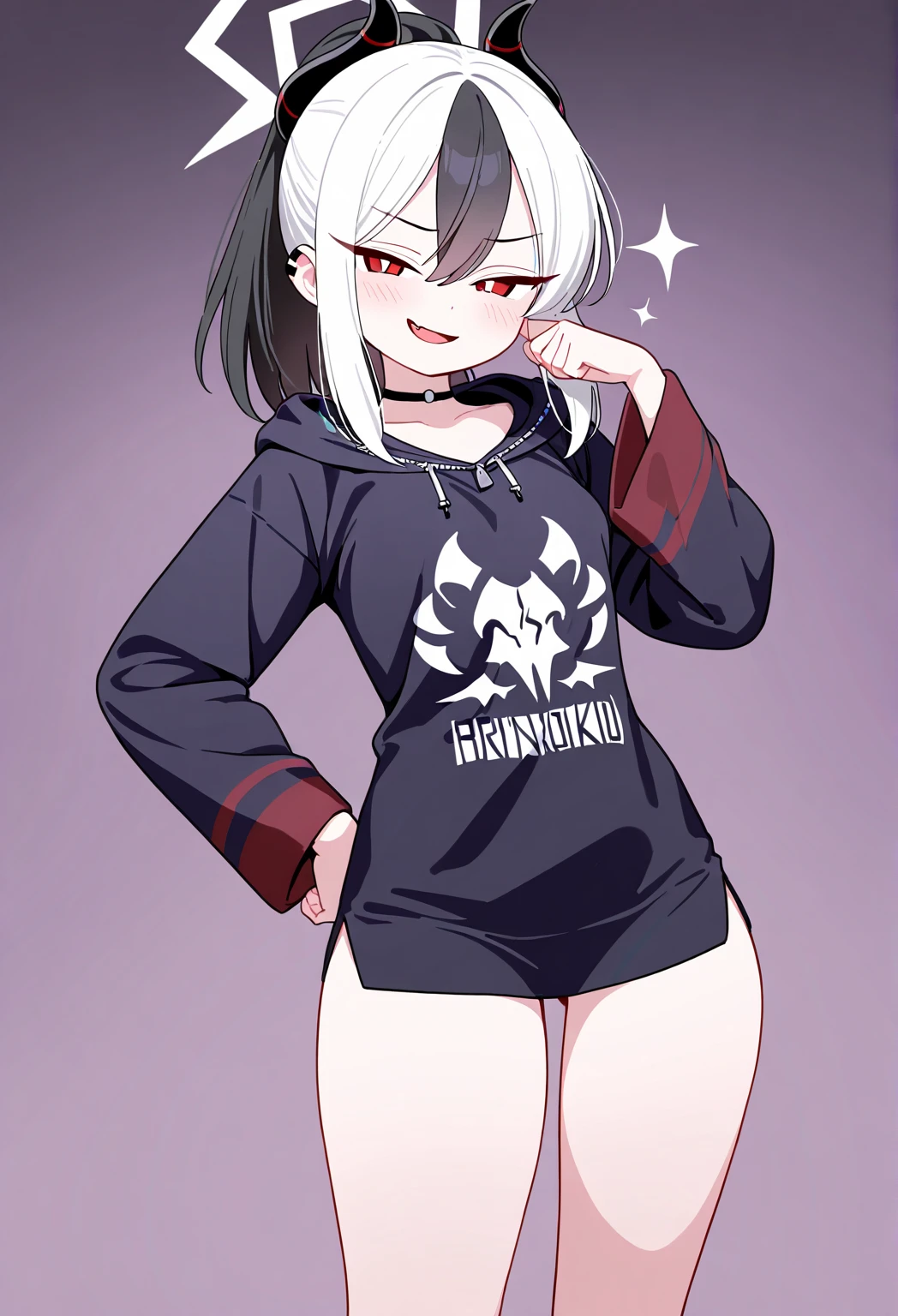 female, female only, seductive. seductive smile, blush, blushing, lusty smile, is horny, lusty expresion, heart pupils, hearts, thick ass, thick thighs, unzipped hoodie, pink hearts, yandere personality, yandere trance, hands on own face, hands on own cheeks, facing viewer, thigh highs, void facial mask, Black facial mask, no face, glowing white eyes, white hair,