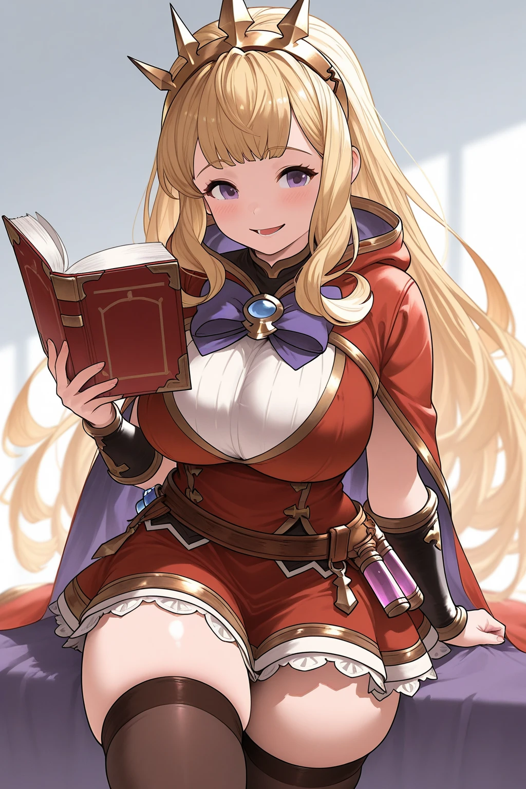 最high quality,very detailed,high quality,Extremely detailed,masterpiece,Super fine,ultra high resolution,超high quality,super realistic、(1 person:1.2)、woman、(Mature:1.5)、Blonde Hair Color、(Braid)、(Captivatingly shining purple eyes)、big breasts 、slender body、(smile:1.3), left eye is covered with hair, blue eyes, king's clothes, red cloak, slim body shape, precious gold crown, read the document, Mark a document, goose hair pen, Office Table, soft bench, palace, palaceで, during the middle ages