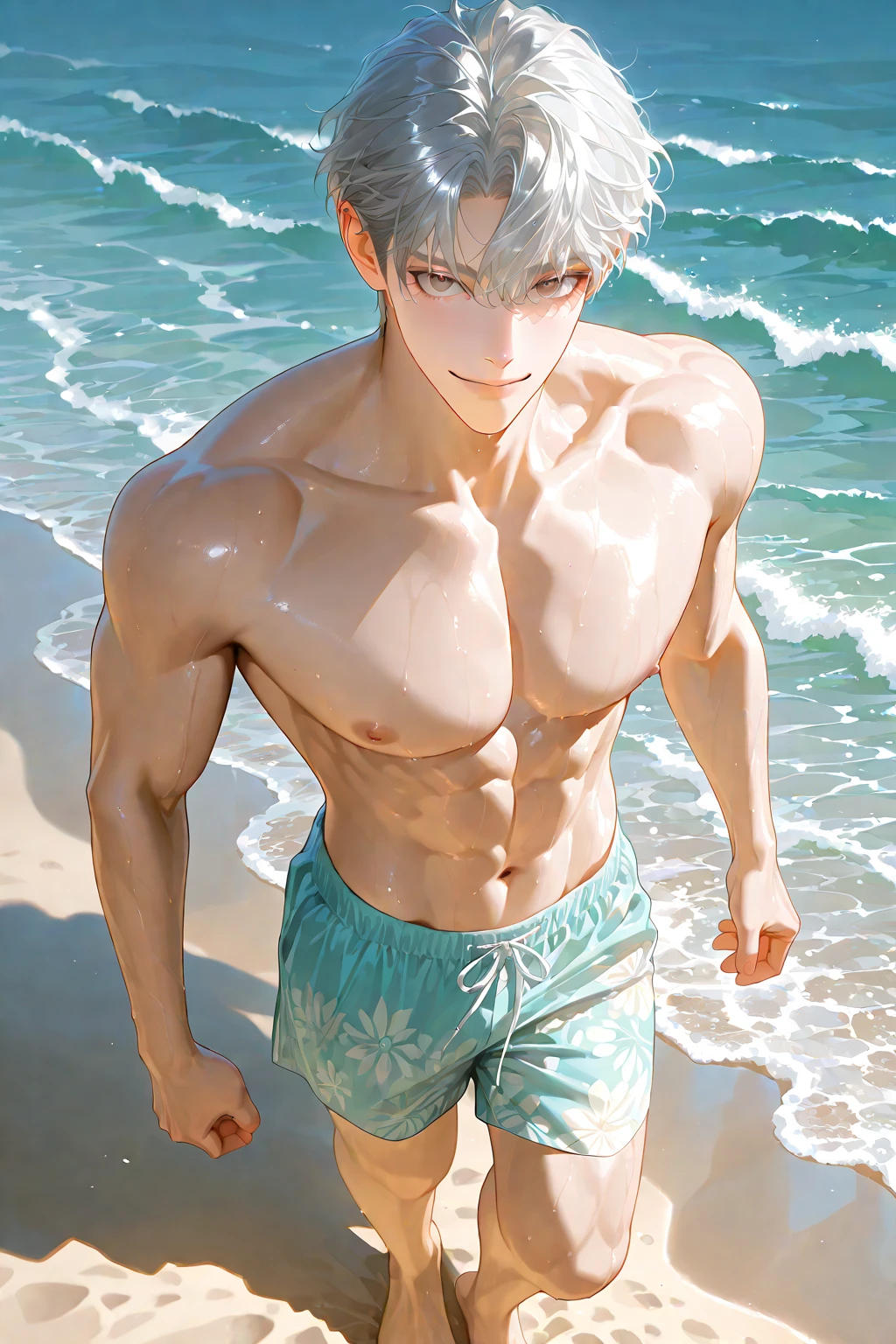 1 male, Japanese male model, high resolution 4k, young, handsome, perfect face detail, detailed eyes and face, clean shaved, sixpack, white eyebrow hair, white eyelashes, Naked torso, Detailed face, perfect face, dynamic lighting, Real skin texture, Perfect hand details, Real and complete hand details, unreal engine, hd picture, satoru gojo, Jujutsu kaisen, white hair, short hair ,hair between eyes ,blue eyes, white skin, Background sea, Iced drinks