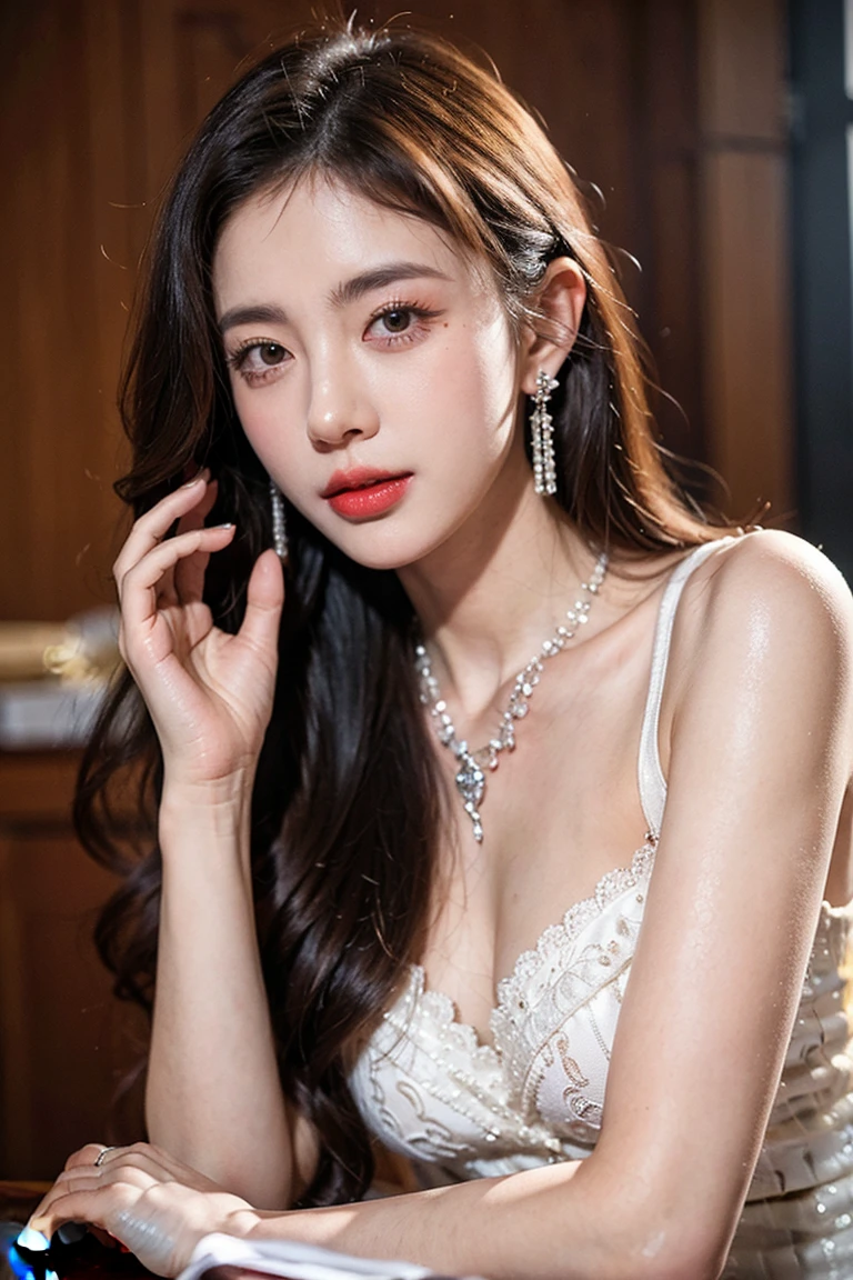 (((best quality))),(((ultra detailed))),(((masterpiece))),illustration,(a beautiful girl,female passenger,solo),(parted red lips),((slim,thin,small breasts,flat chest)),((earrings,crystal necklace)),summer night,((in airplane,economy class,indoor)),((strapless bra)),(shoulder length straight bob hair:1.2),stars,moonlight,smooth flight,engine sound,lullaby,relaxed,excited,laughing,visiting family,comfortable seats,soft fabric,headrests,adjustable,beauty of night sky,dimmed lights,sleeping passengers,movies,personal screens,staying awake,magic of sky,joy of being with family,memorable journey,adventures,(surrounded by crowded crowds:1.3),(Outside the window is high-altitude night view:1.2),((from front,close-up of face))
