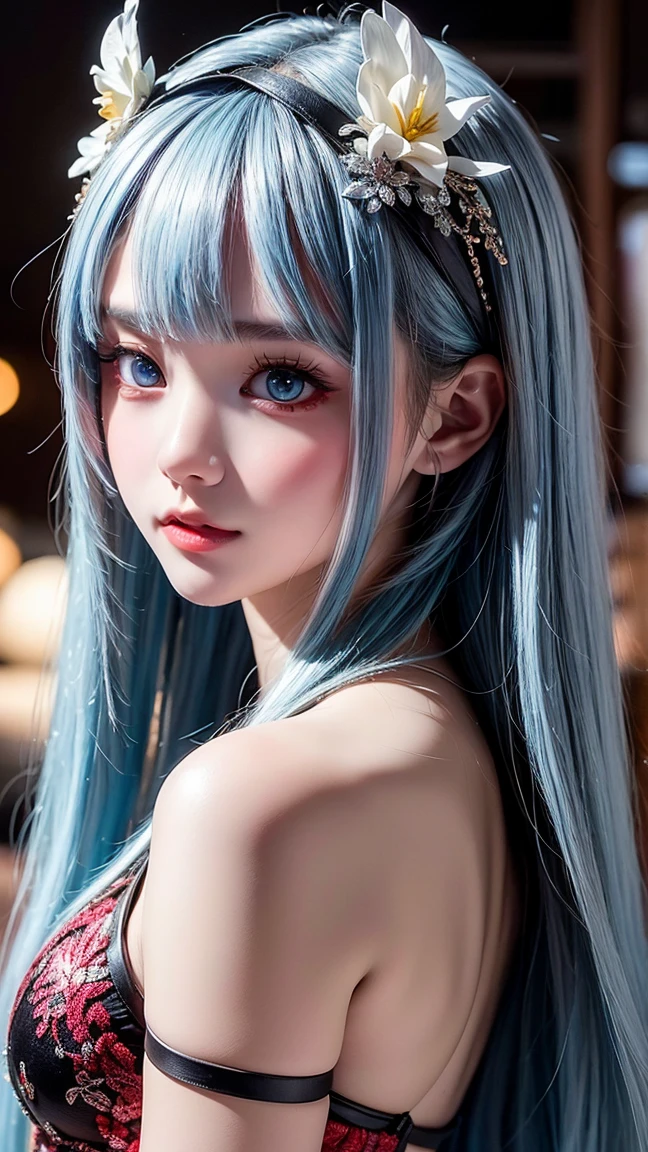 ultra realistic 8k cg, masterpiece, ((ultra detailed background, delicate pattern, intricate detail)), best quality, intricate details, chromatic aberration, 1girl, long hair, light blue hair, messy hair, hair over one eye, sharp eyes, choker, brick wall, graffiti, dim lighting, alley, oversized shirt,off shoulder, see through white shirt, Masterpiece, best quality