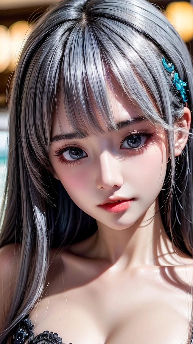 Best quality, 8K masterpiece, Ultra A high resolution, (Realistic:1.3), RAW photo, 1 girl, silver hair, glowing skin, wearing micro bikini, ((Ultra-Realistic Details)), portrait, global illumination, shadow, Octane rendering, 8k, super sharp, , metallic, cool colors, , highly intricate details, realistic light, CGSoation trends Beautiful eyes, eyes glowing towards the camera, neon details, 18 year old girl, glowing eyes, swimsuit, school swimsuit, student swimsuit, tight swimsuit, ill-fitting swimsuit,3DFace