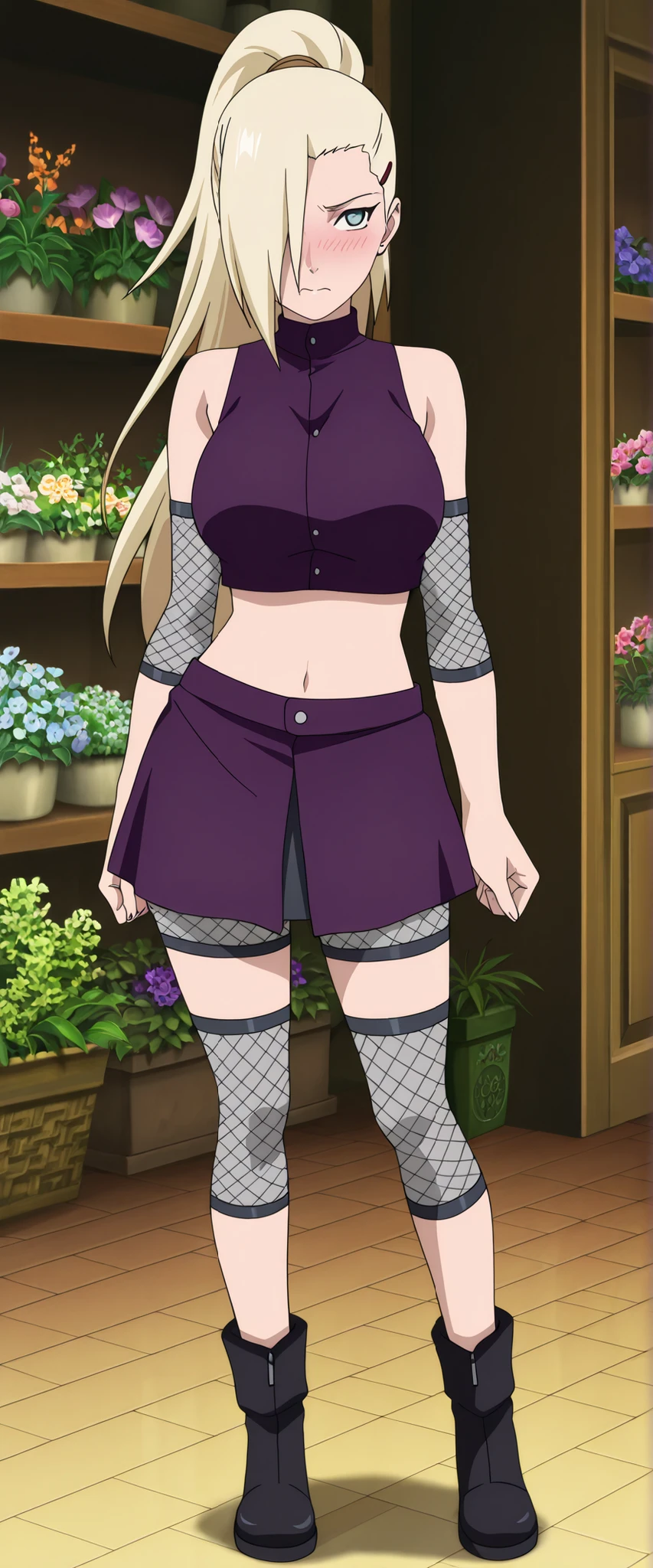 yamanaka ino Seductive pose,masterpiece, best quality, amazing quality, front light, anime screencap, 1girl, solo, InoShipuuden, blonde hair, high ponytail, hair over one eye, midriff, fishnets, crop top, big breasts, blue eyes, At the flower shop, purple skirt,short pants mesh, standing, masterpiece,best quality,amazing quality,professional quality ,very aesthetic ,newest,scenery, ultra detailed ,highly detailed ,intricate , absurdres , high resolution , 4K , 8K , unity 8k wallpaper , crisp quality , sharp focus , rich contrast , rating_explicit , official art, official style,source_anime,anime screencap,anime coloring,megami magazine,anime,animated ,1girl,yamanaka ino, full body, blushing, shy,
