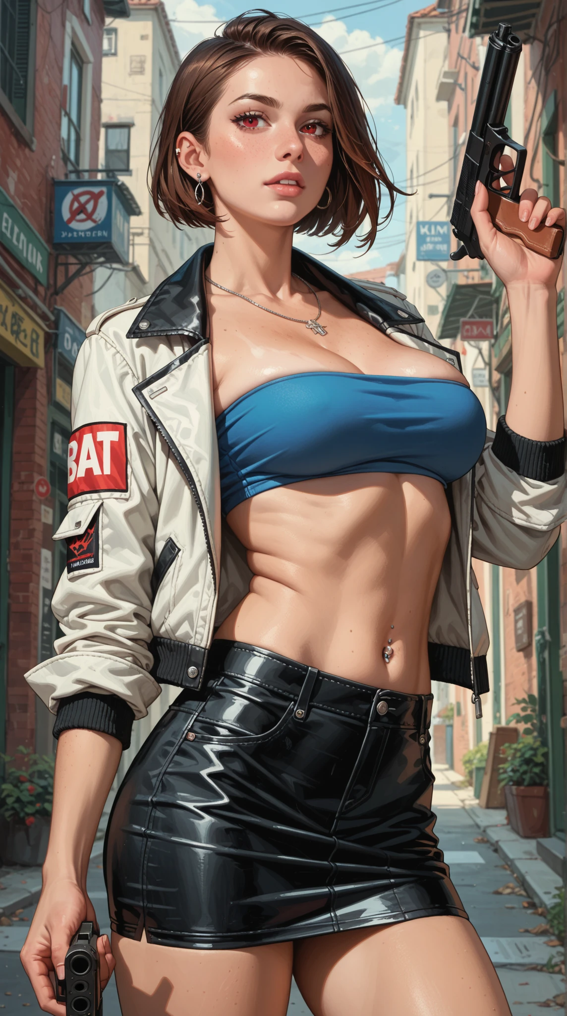 ((Mature Woman))、2 males、 Top quality small breasts (Invisible female genitalia) masterpiece、Ultra-high resolution、((Photorealistic:1.75))、((RAW Photos)) Back alleys in slums、Blue Hair、Pixie Cut、Extra Very Short Hair、((Riders jacket))、(((Being molested by a man's hands)))、